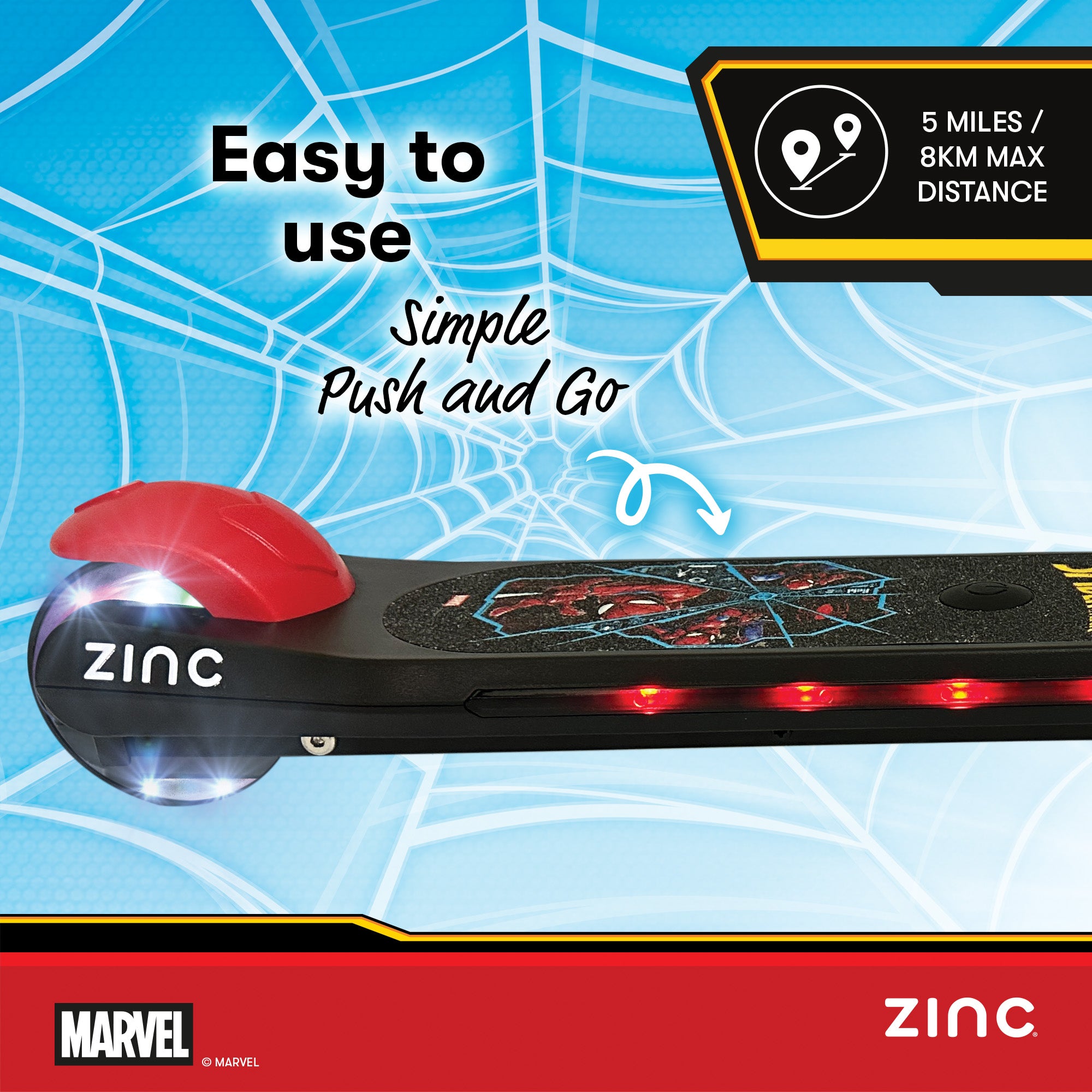 Marvel Spiderman electric scooter for kids with light-up wheels and anti-slip deck by Zinc