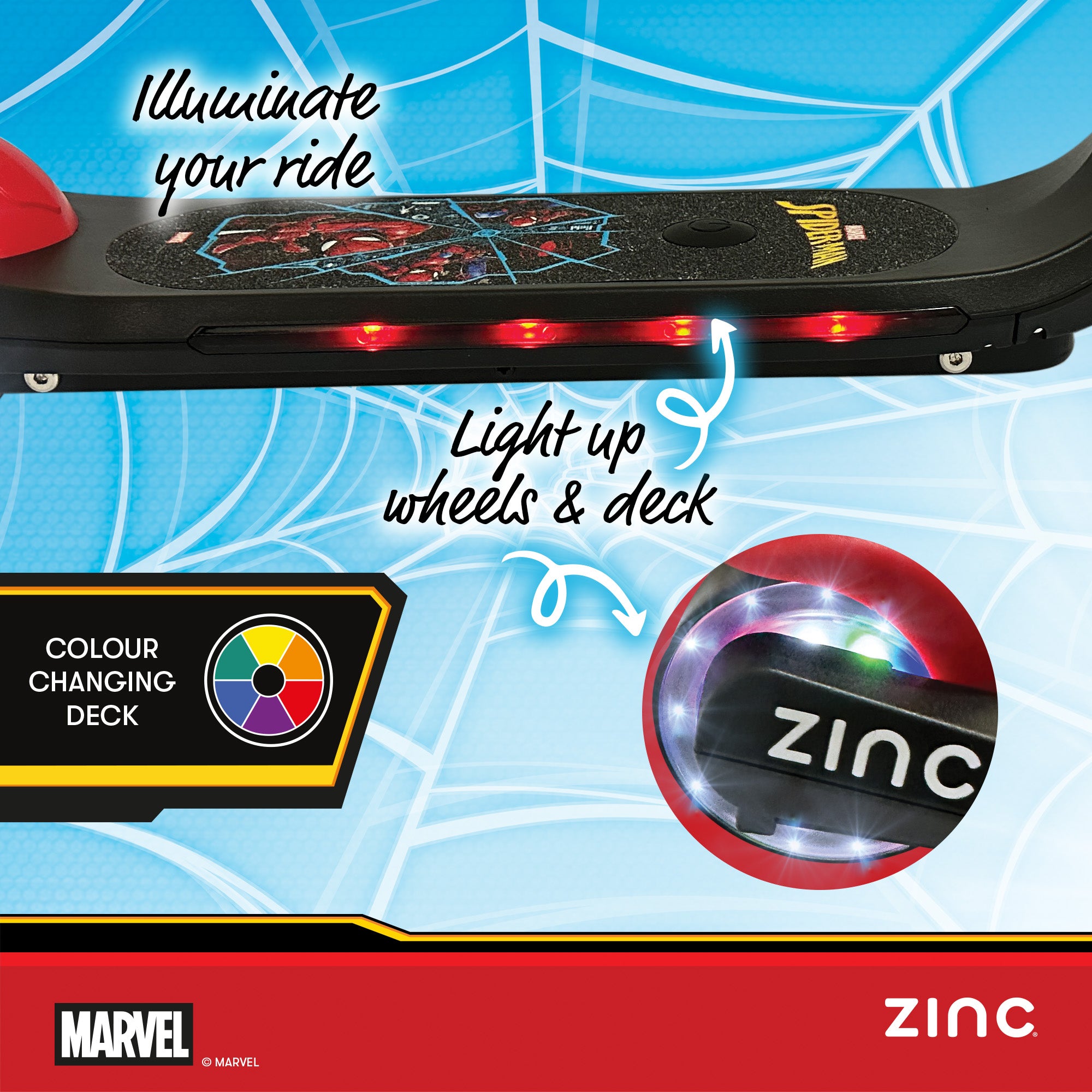Marvel Spiderman electric scooter for kids with light-up wheels and anti-slip deck by Zinc