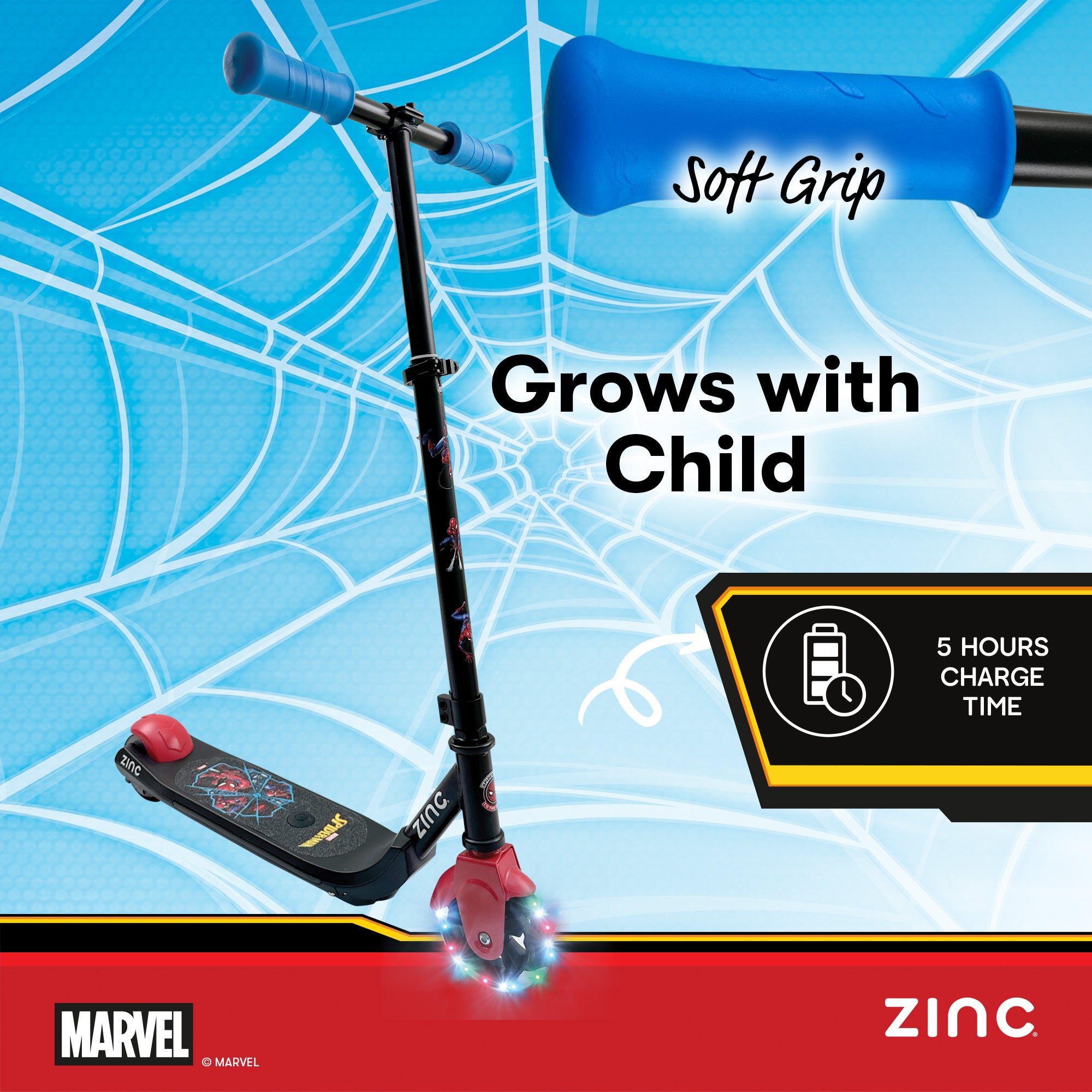 Marvel Spiderman electric scooter for kids with adjustable handle bars and soft grips