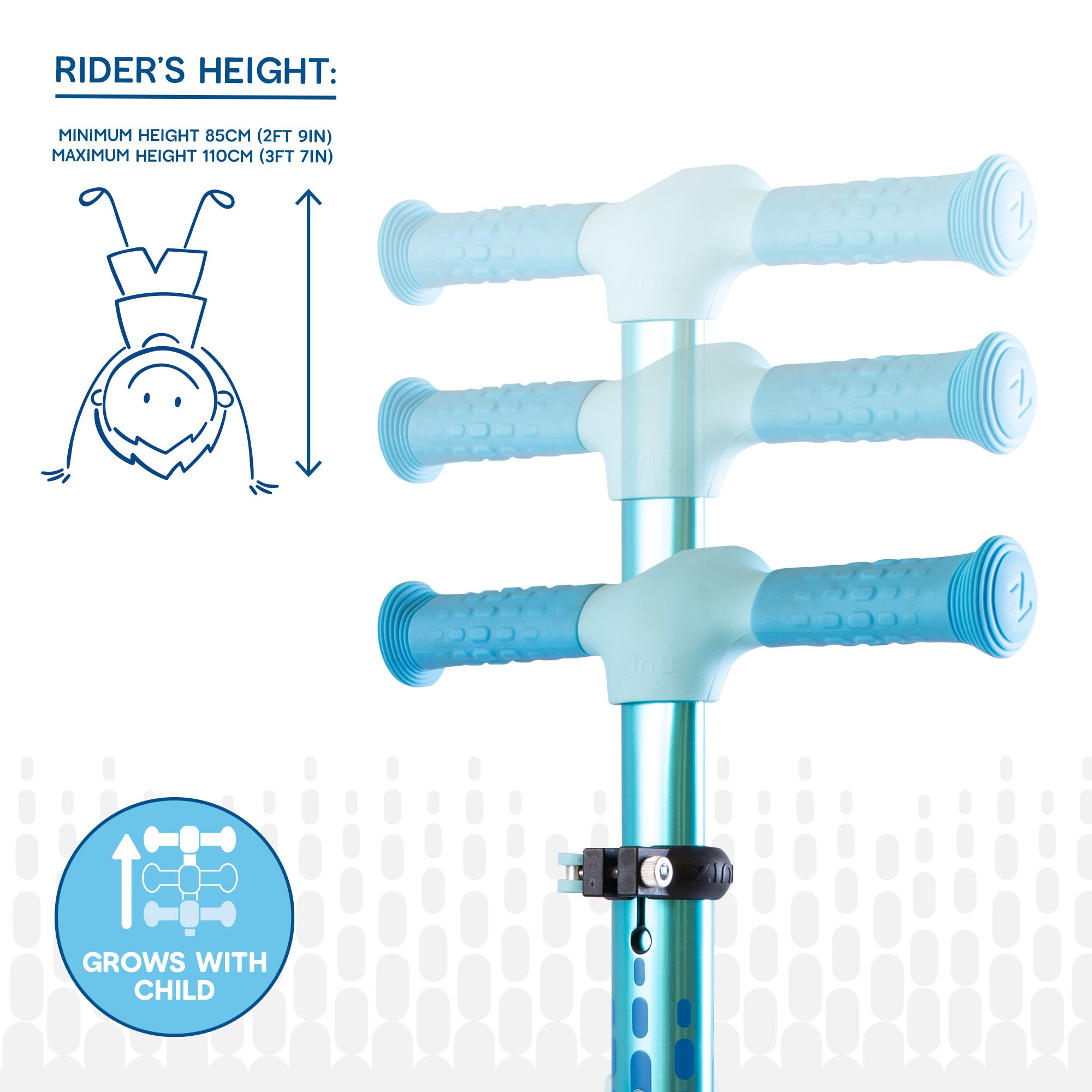 Blue Zinc Flyte scooter demonstrating height adjustment feature