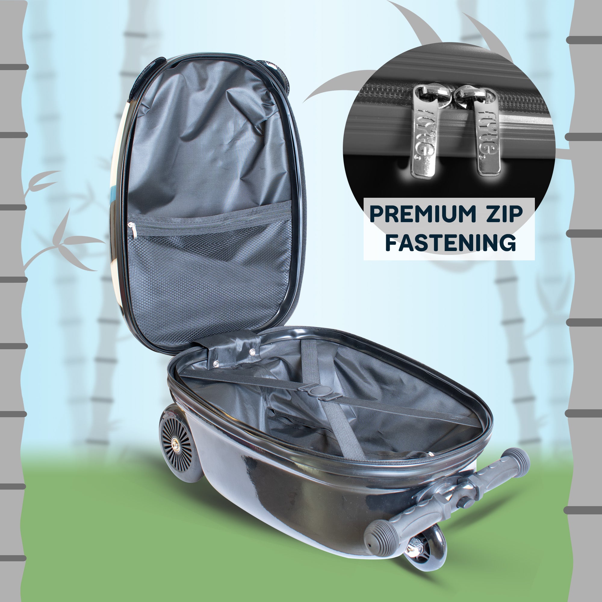Penni the Panda scooter suitcase interior showing spacious packing compartment for kids travel essentials