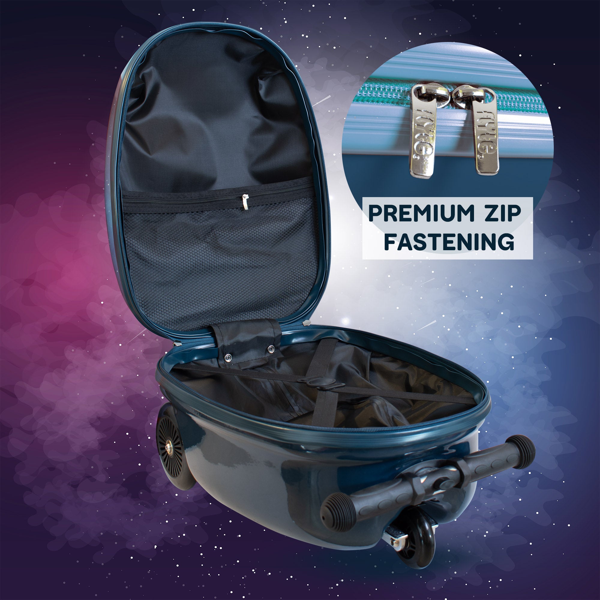 Sammie Spaceman scooter suitcase interior showing spacious packing compartment for kids travel essentials