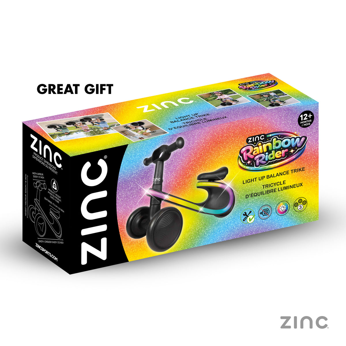 Zinc Rainbow Rider light-up balance trike toy in its retail packaging, displayed on a clean white background with a 'GREAT GIFT' text overlay.