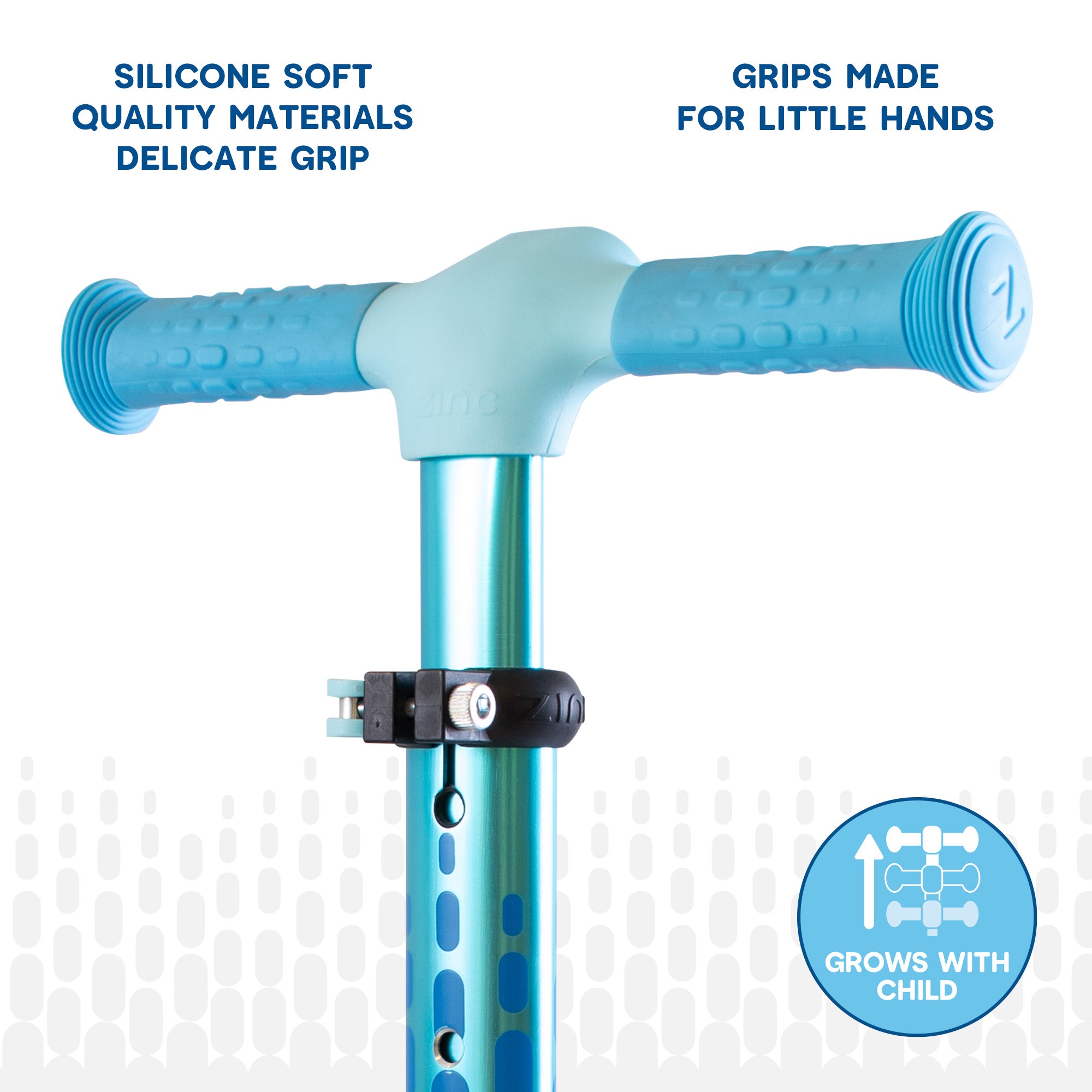 Close-up of blue Zinc Flyte scooter handlebar and steering mechanism