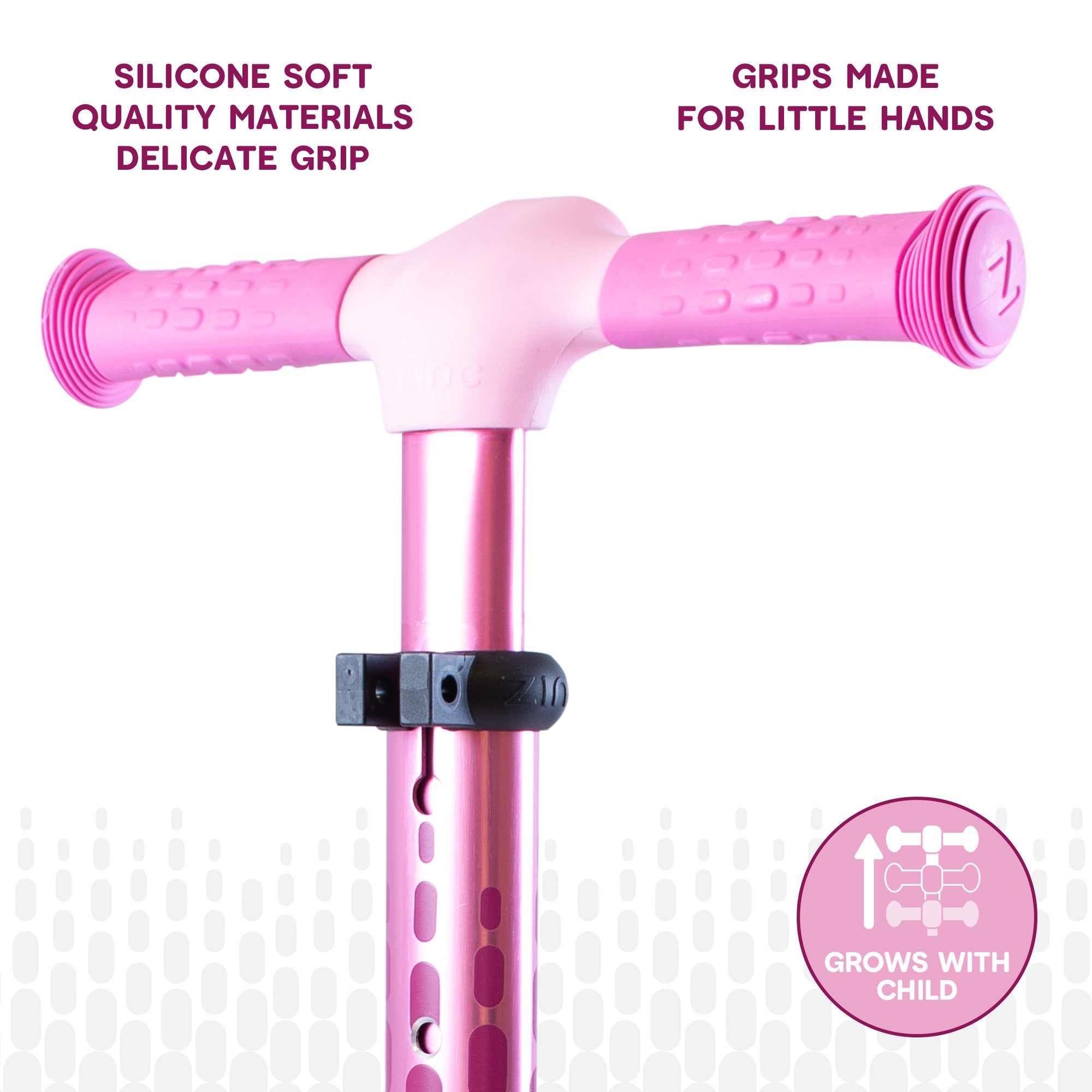 Close-up of pink Zinc Flyte scooter handlebar and steering mechanism