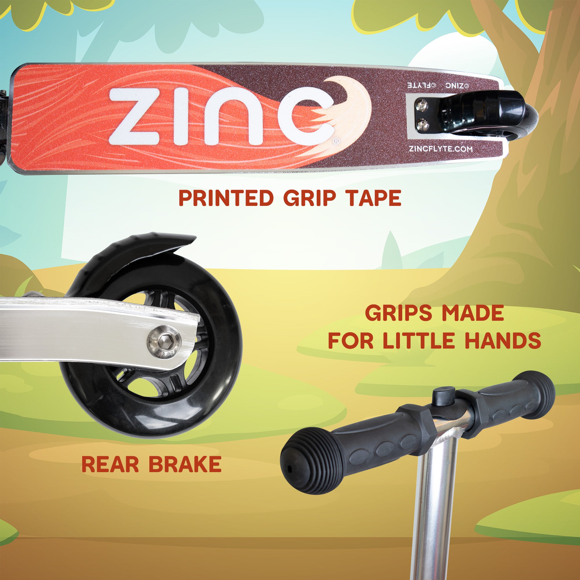 Frazer the Fox scooter suitcase key features highlighting printed grip tape, rear brake and handle grips