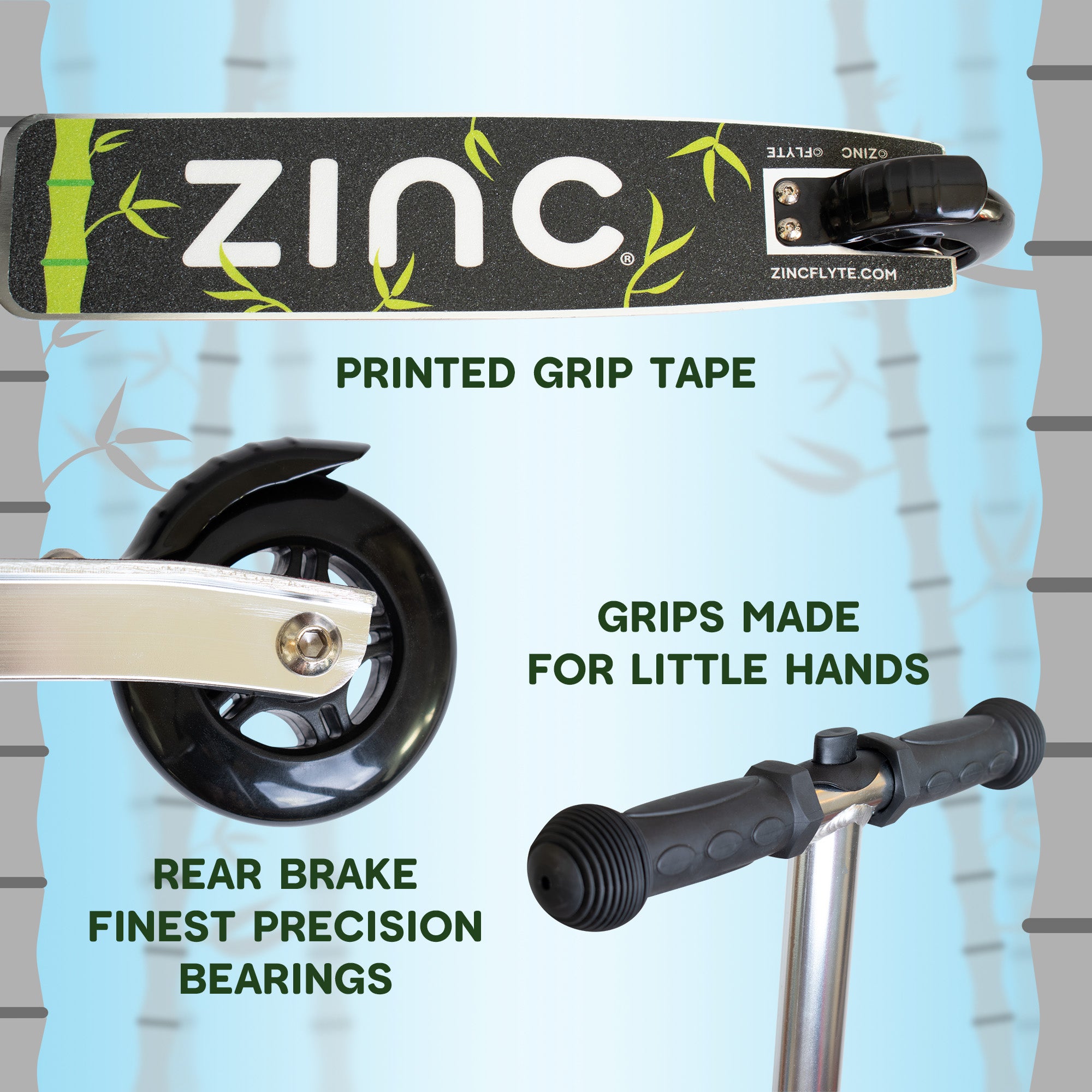 Penni the Panda scooter suitcase key features highlighting printed grip tape, rear brakes and handle bar grips