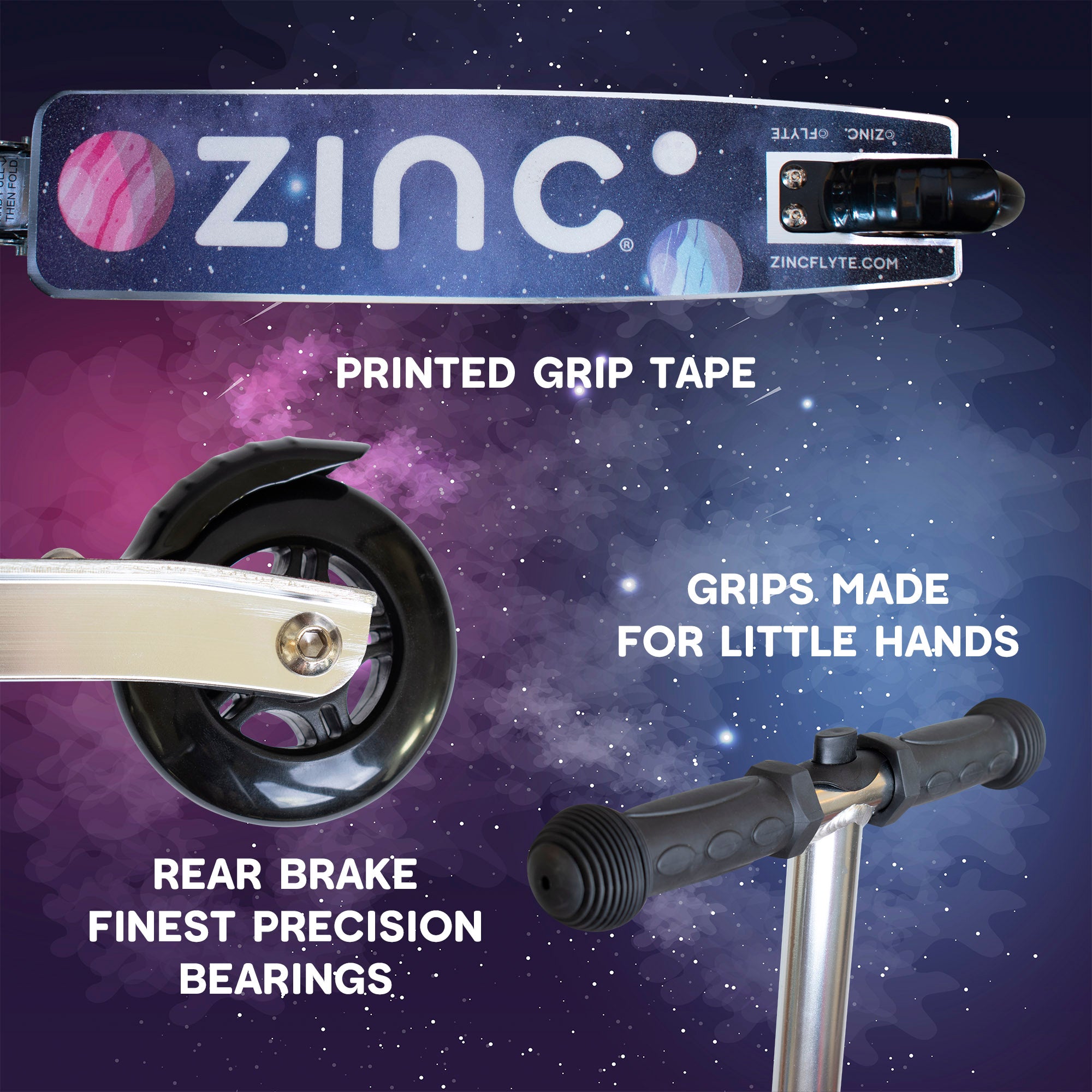 Sammie Spaceman scooter suitcase key features highlighting printed grip tape