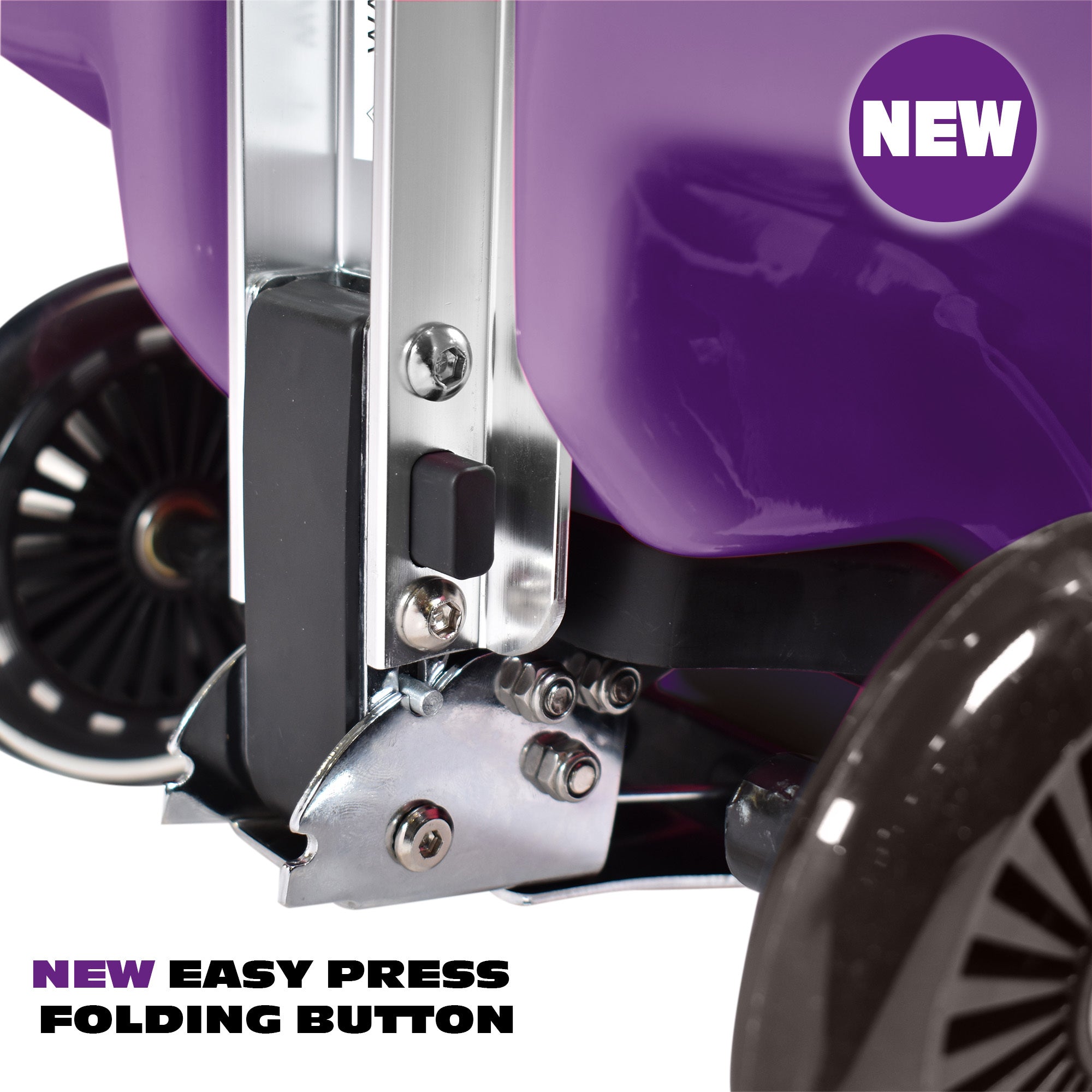 Close-up of a purple scooter with an 'NEW' label and text about an easy press folding button.