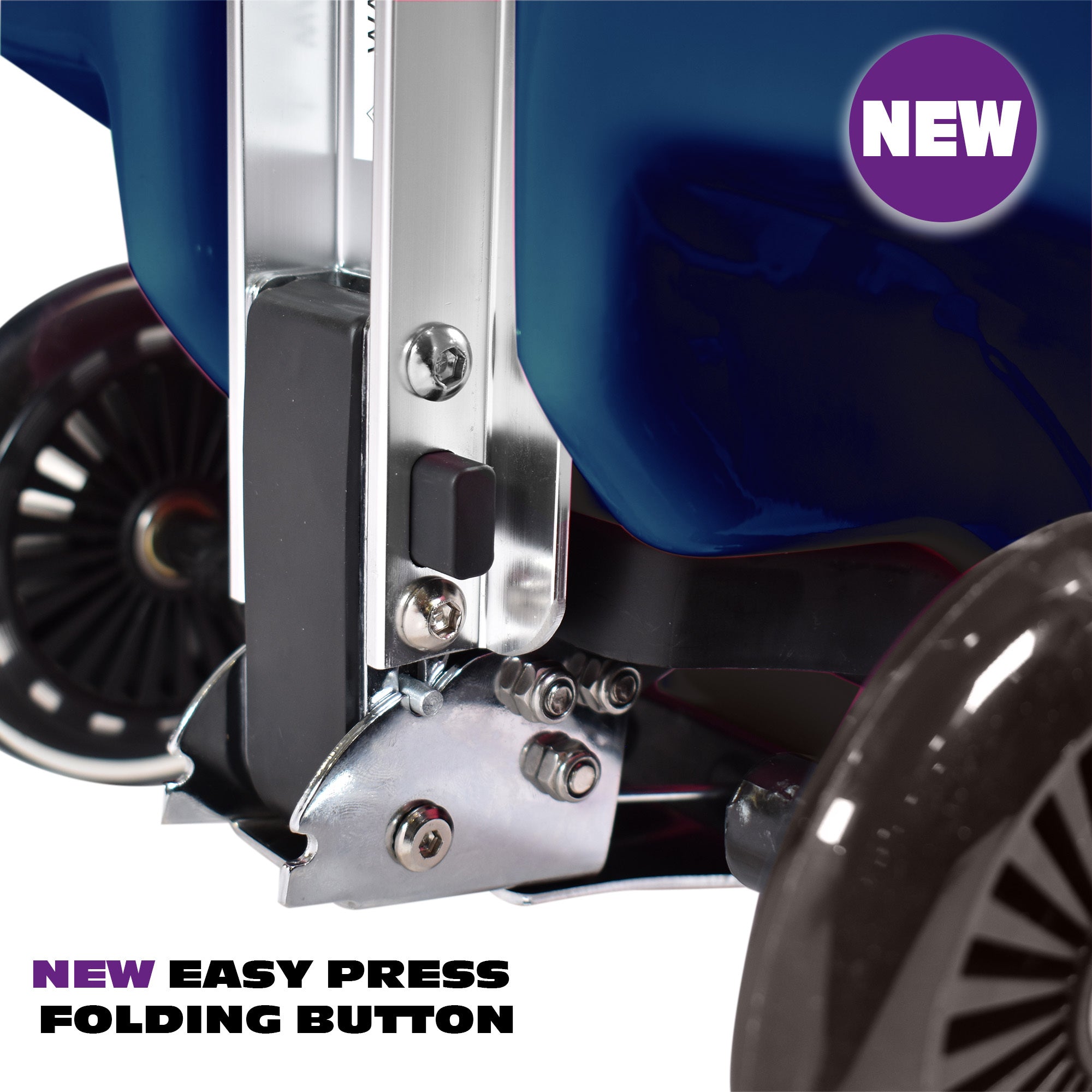 Close-up of a scooter with an 'Easy Press Folding Button' feature, highlighting the new design.