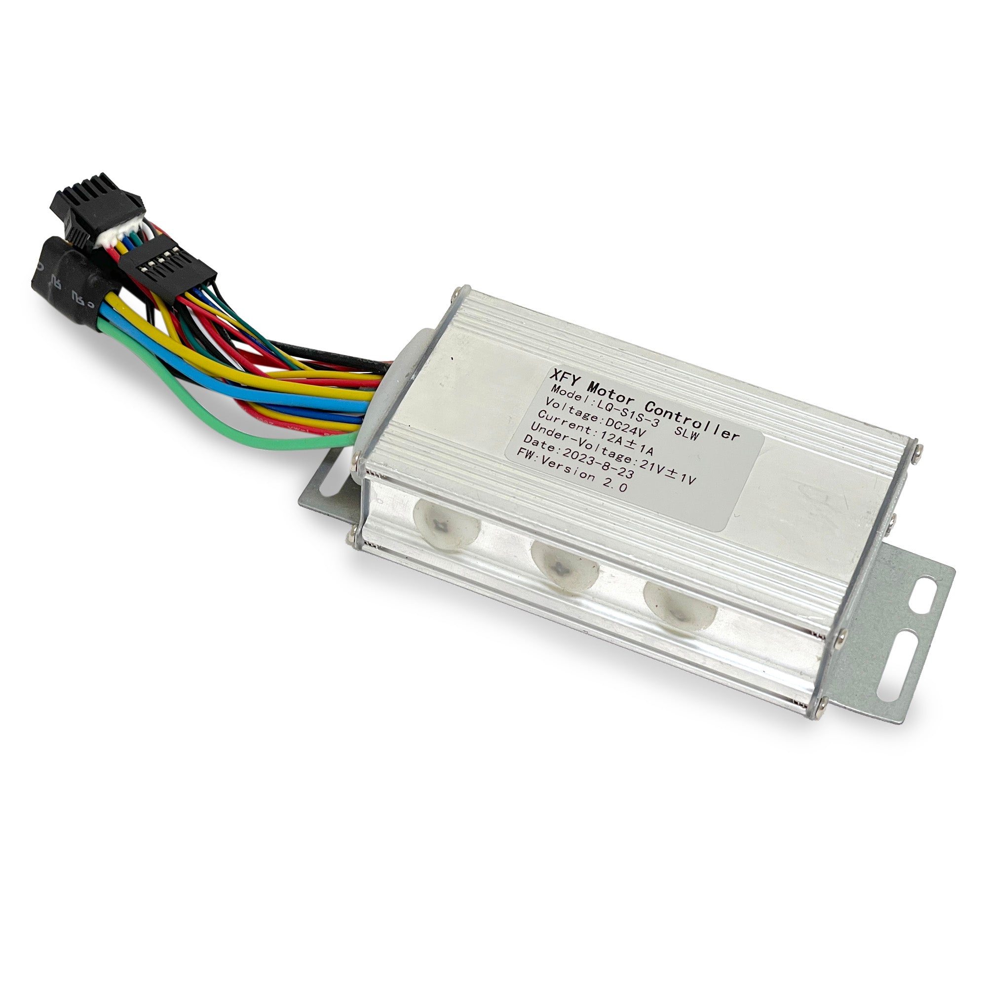 A silver electric scooter speed controller with multicolored wires attached to the top.