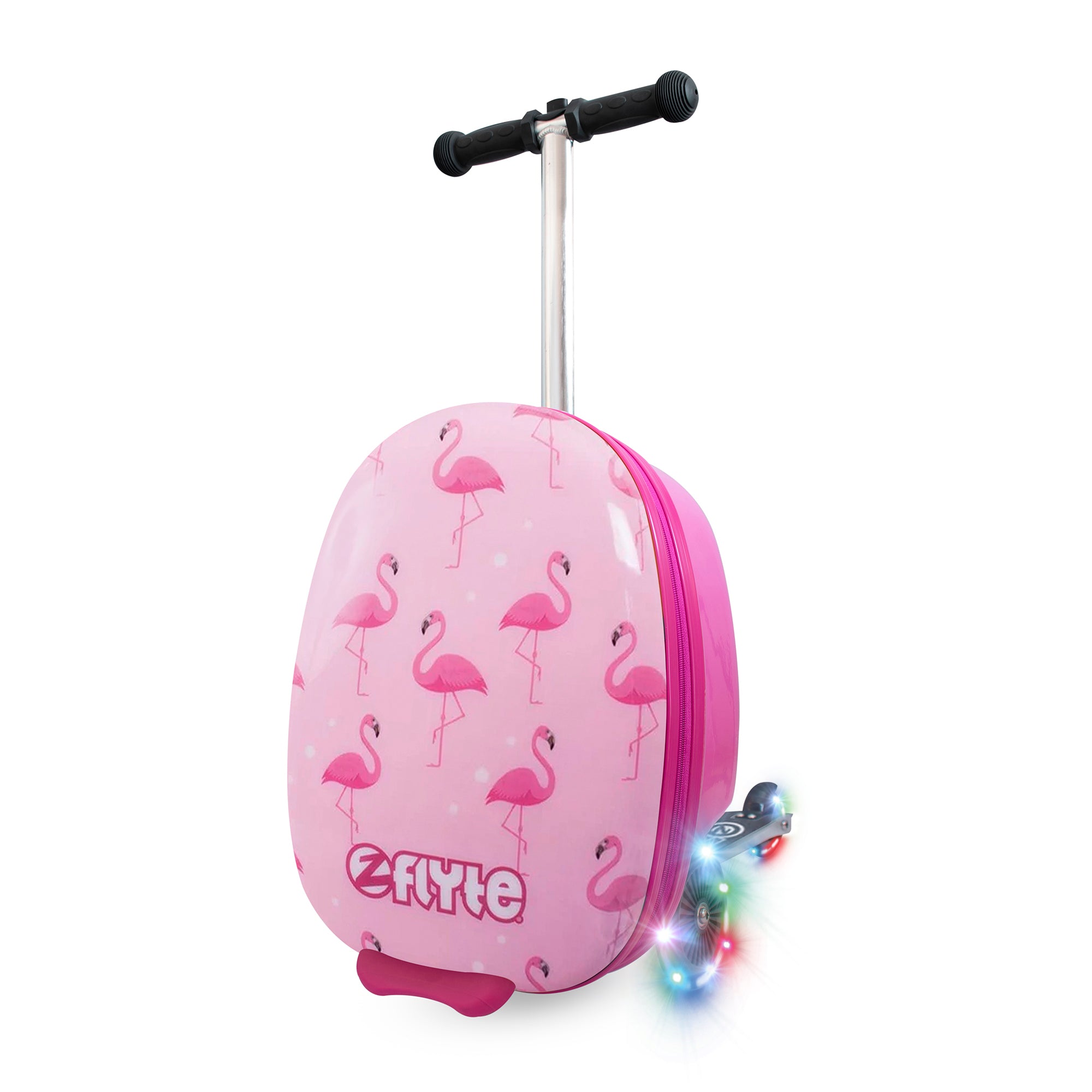 Pink children's suitcase with built in scooter and flamingo design