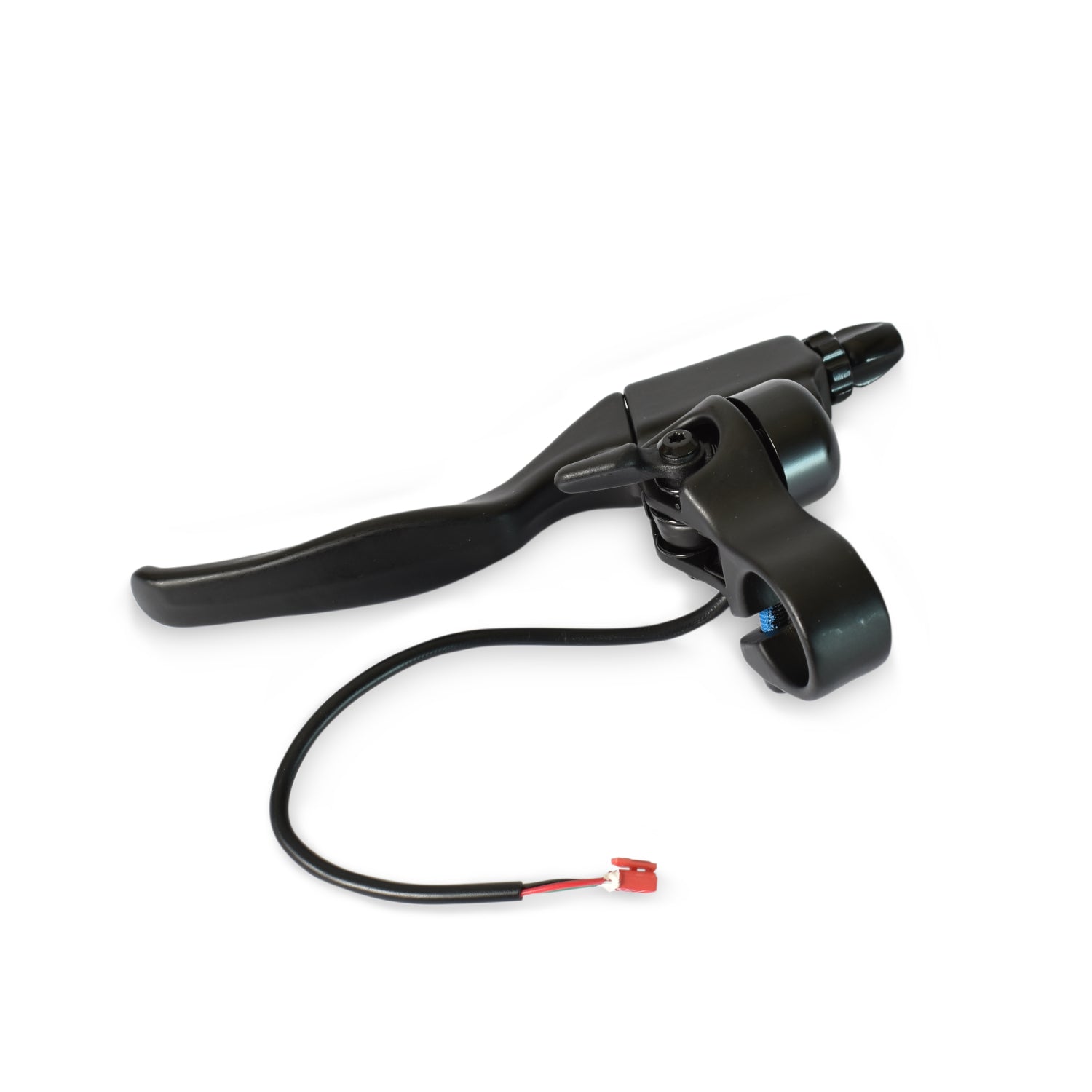A black brake lever for an electric scooter, complete with a brake switch and wire attached.