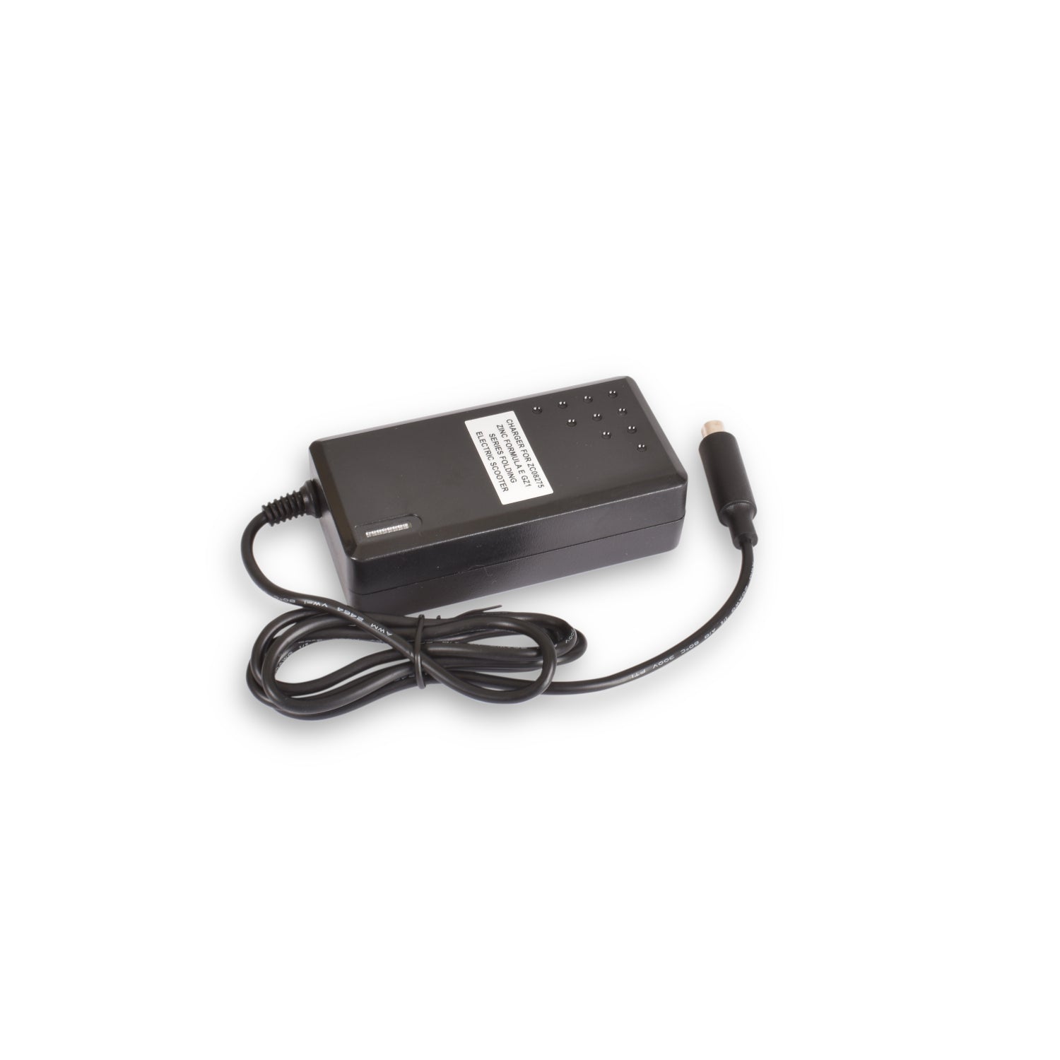 A black battery charger for electric scooters with a power cord and connector.