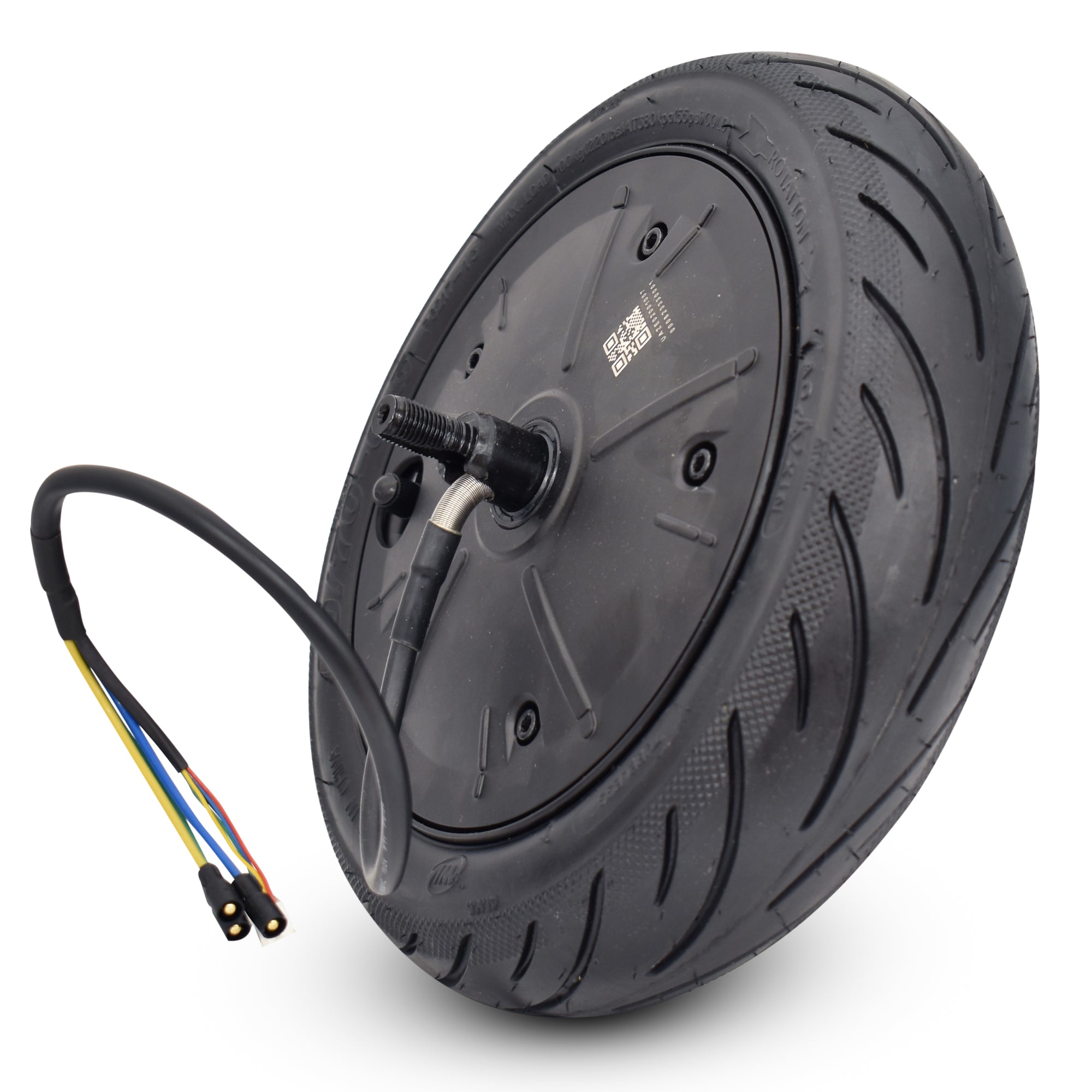 Replacement rear drive wheel for the Formul E GZ3 electric scooter, showing the wheel attached to a motor with a cable, against a white background.