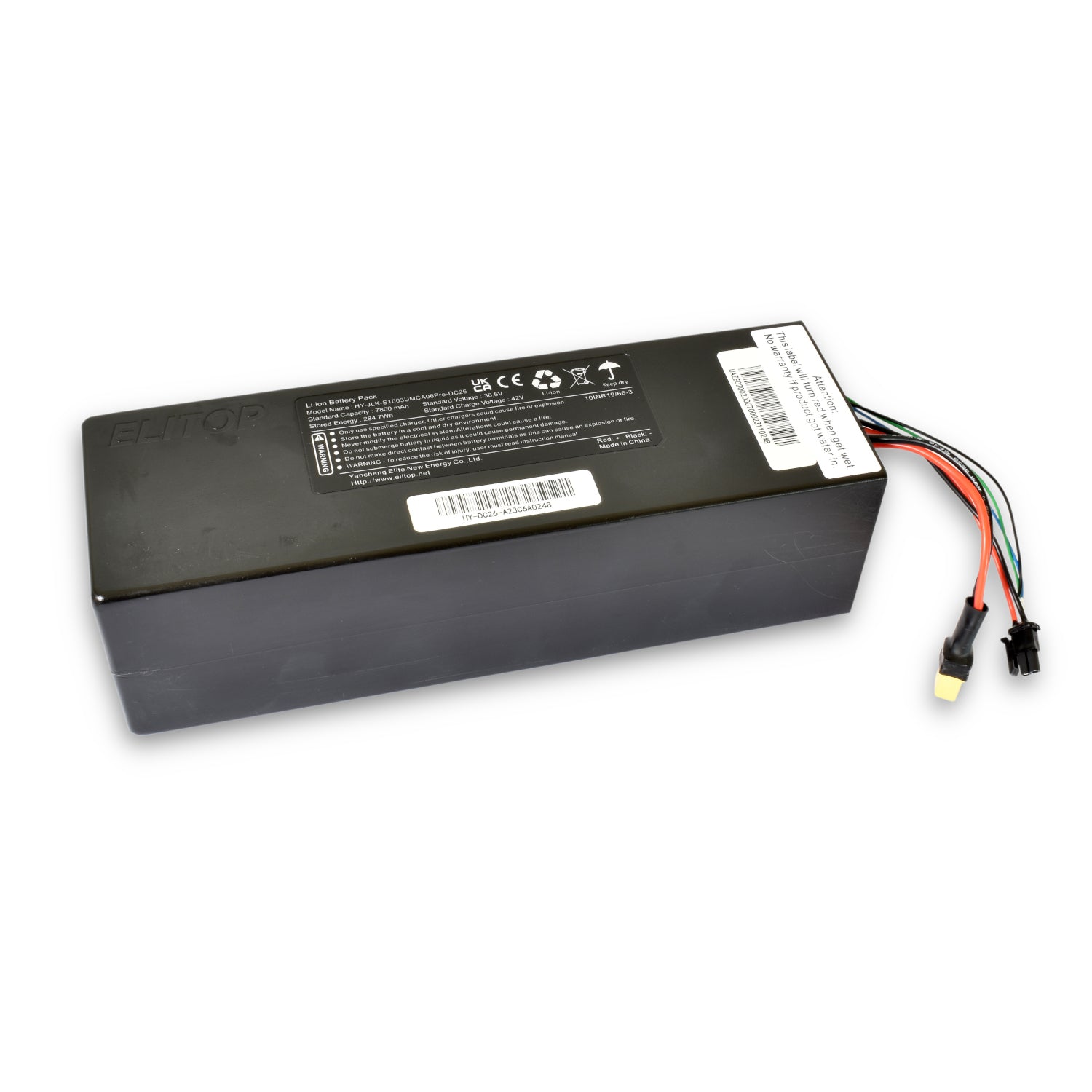 A black lithium battery pack with wires connected to it, designed for use in an electric scooter.