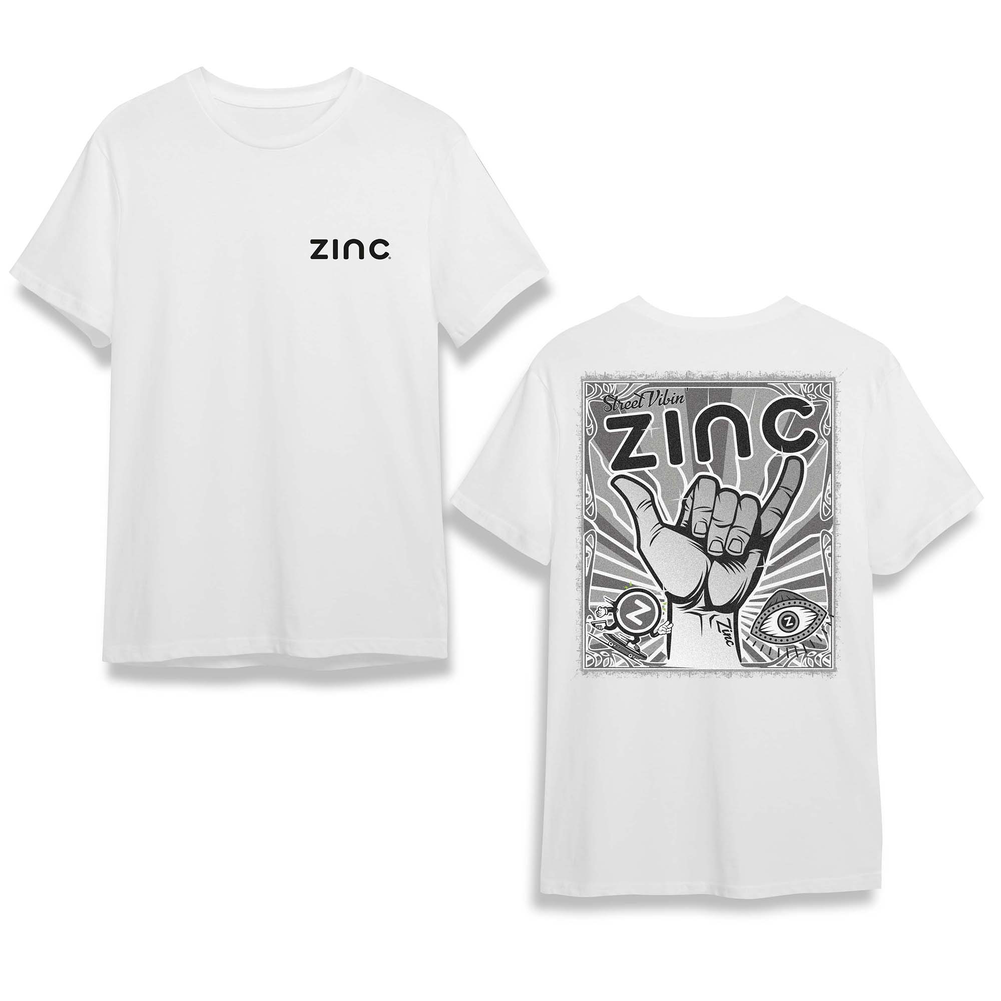 Two white organic cotton t-shirts for adults, one with the brand name 'Zinc' printed on the front and the other with a graphic design of a hand making a hang loose sign.
