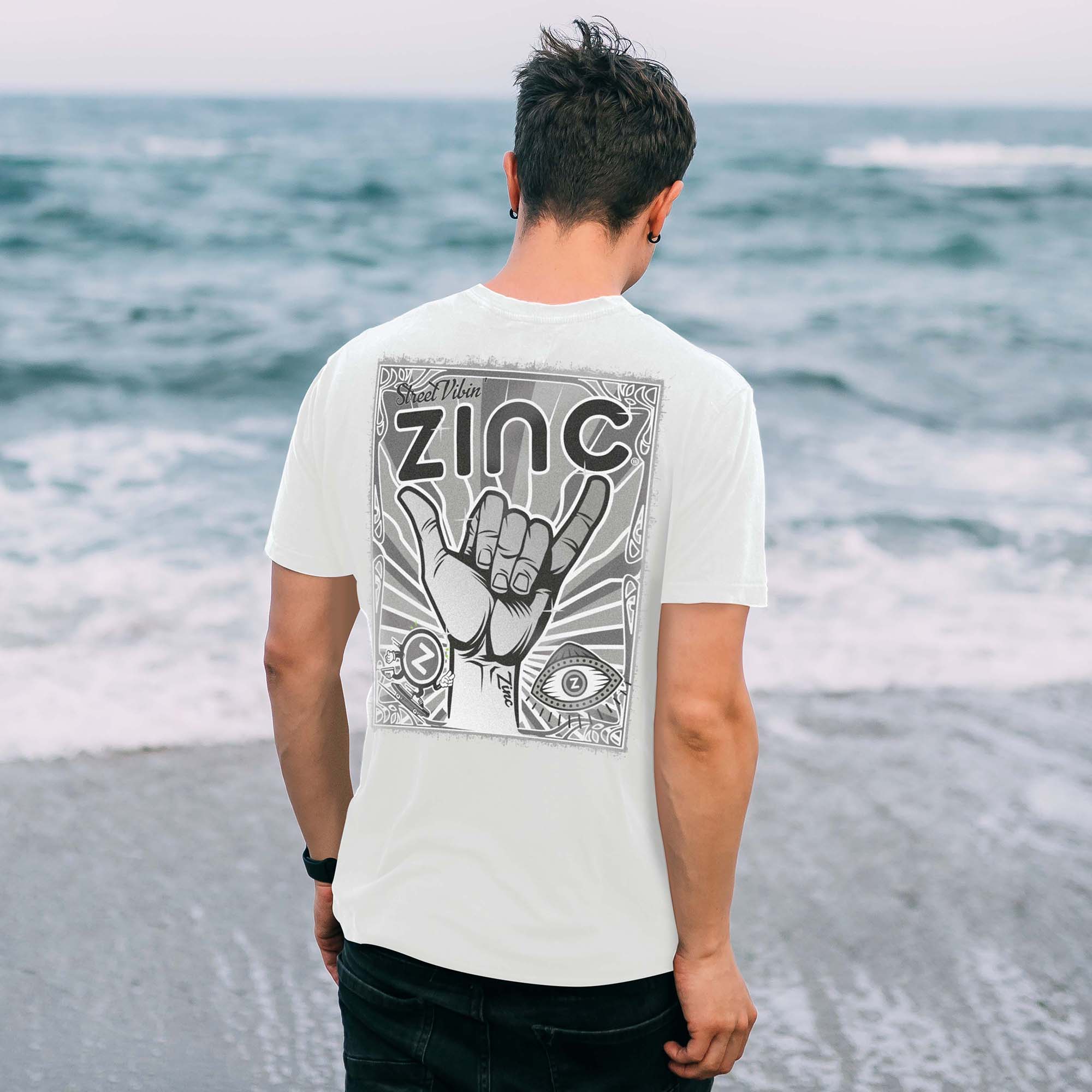 Zinc organic cotton t-shirt back view - sustainable adults streetwear with Hang Loose design