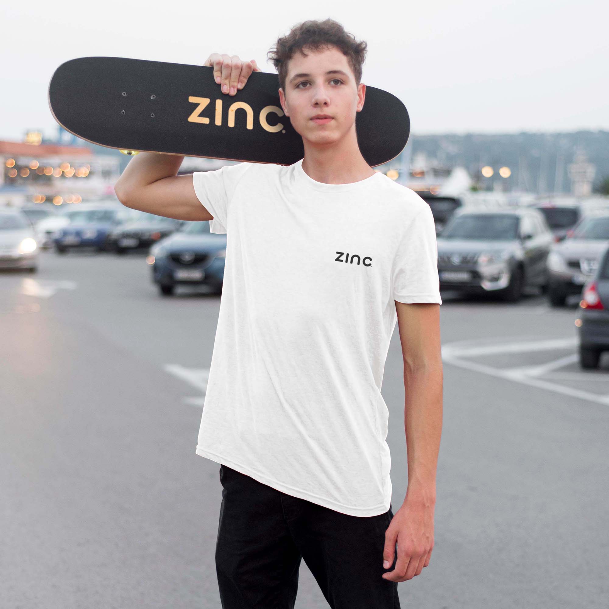 ang Loose organic t-shirt front view showing skateboard design - ZINC adults streetwear