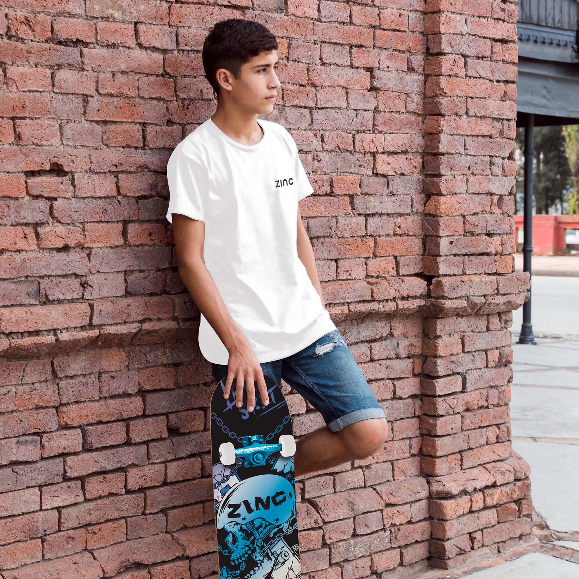 Zinc Hang Loose organic t-shirt being worn by boy with skateboard