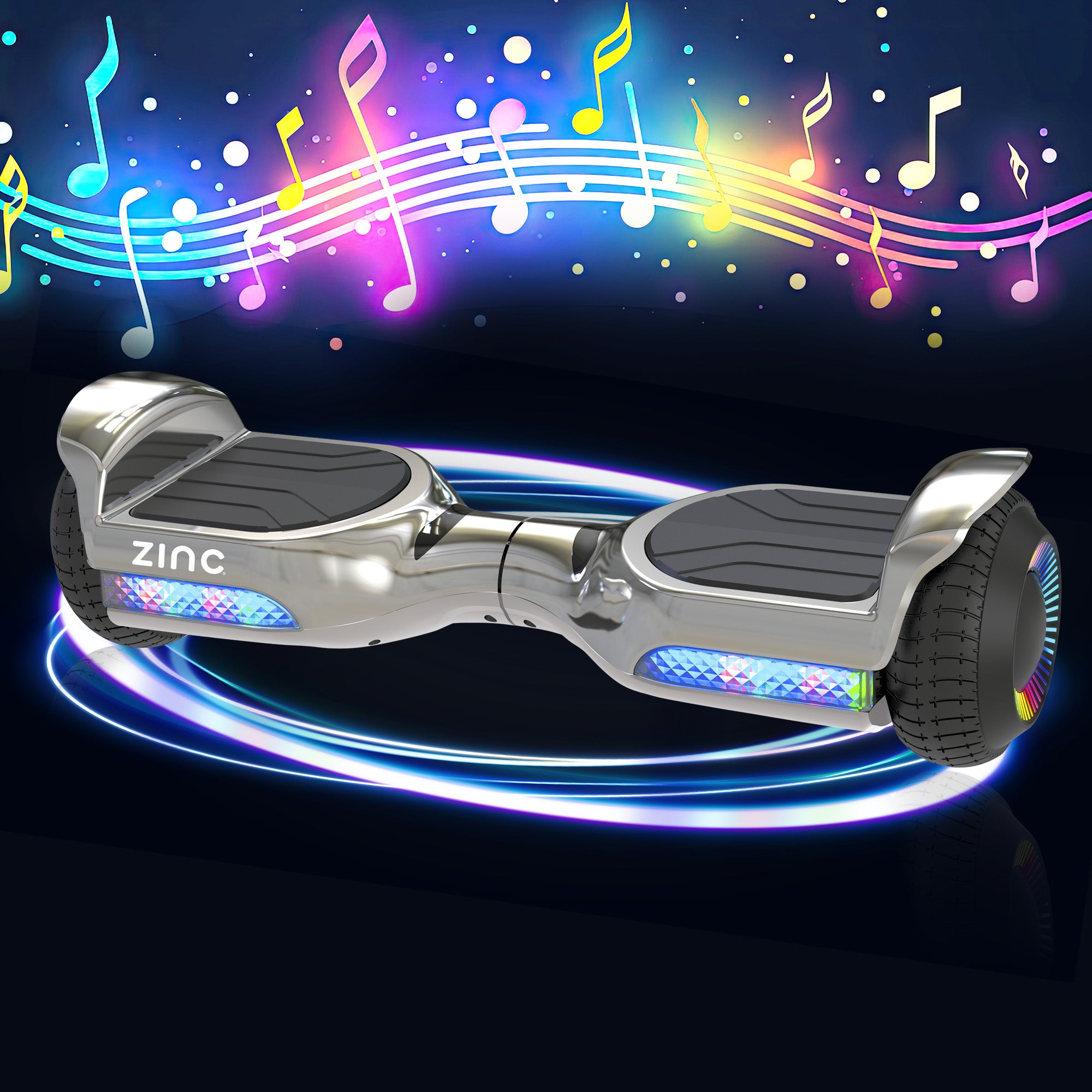Zinc Megastar Self Balancing Chrome Hoverboard with bluetooth speaker, multi coloured LED lights  and 6.3 Inch wheels