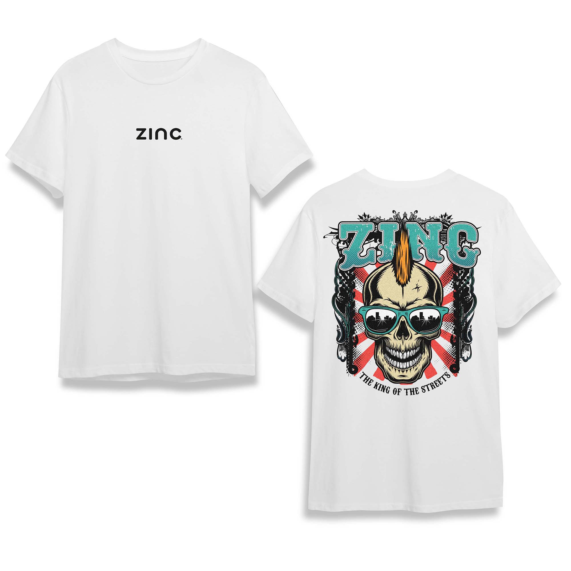 Front and back view of Zinc adults organic cotton t-shirt, one with the brand name 'Zinc' on the front and the other featuring a graphic print of a skull with the text 'KING OF THE STREETS'.