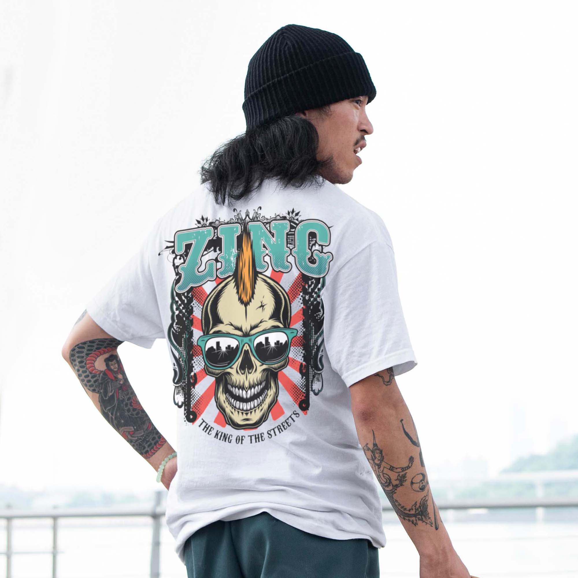 King Of The Streets organic t-shirt front view showing skateboard design - ZINC adults streetwear