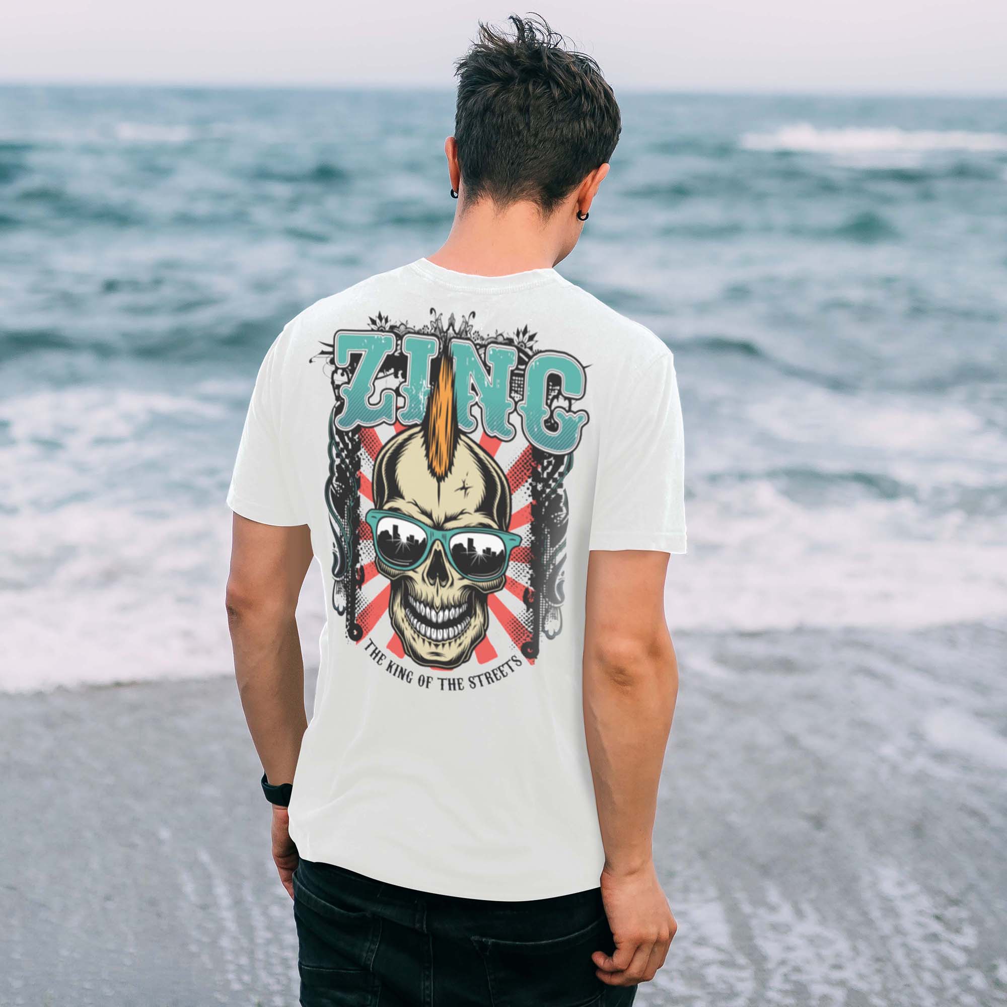 Adult wearing Zinc King Of The Streets organic t-shirt - comfortable sustainable streetwear for skaters