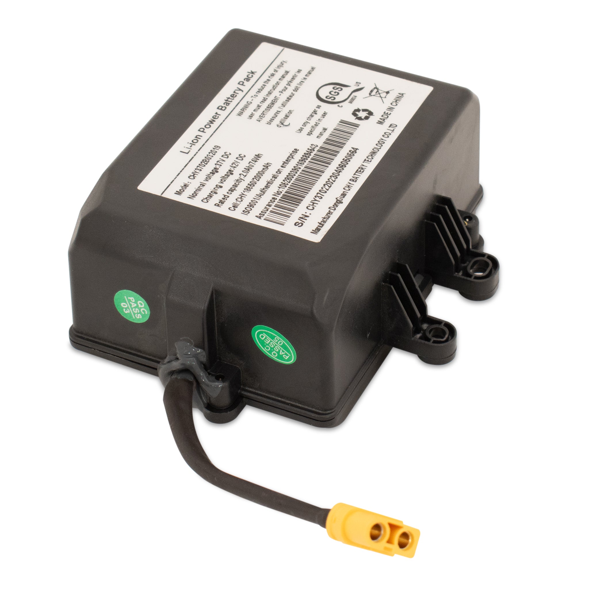 A black hoverboard battery with a label on the top, a yellow connector, and green circular icons indicating the power status.