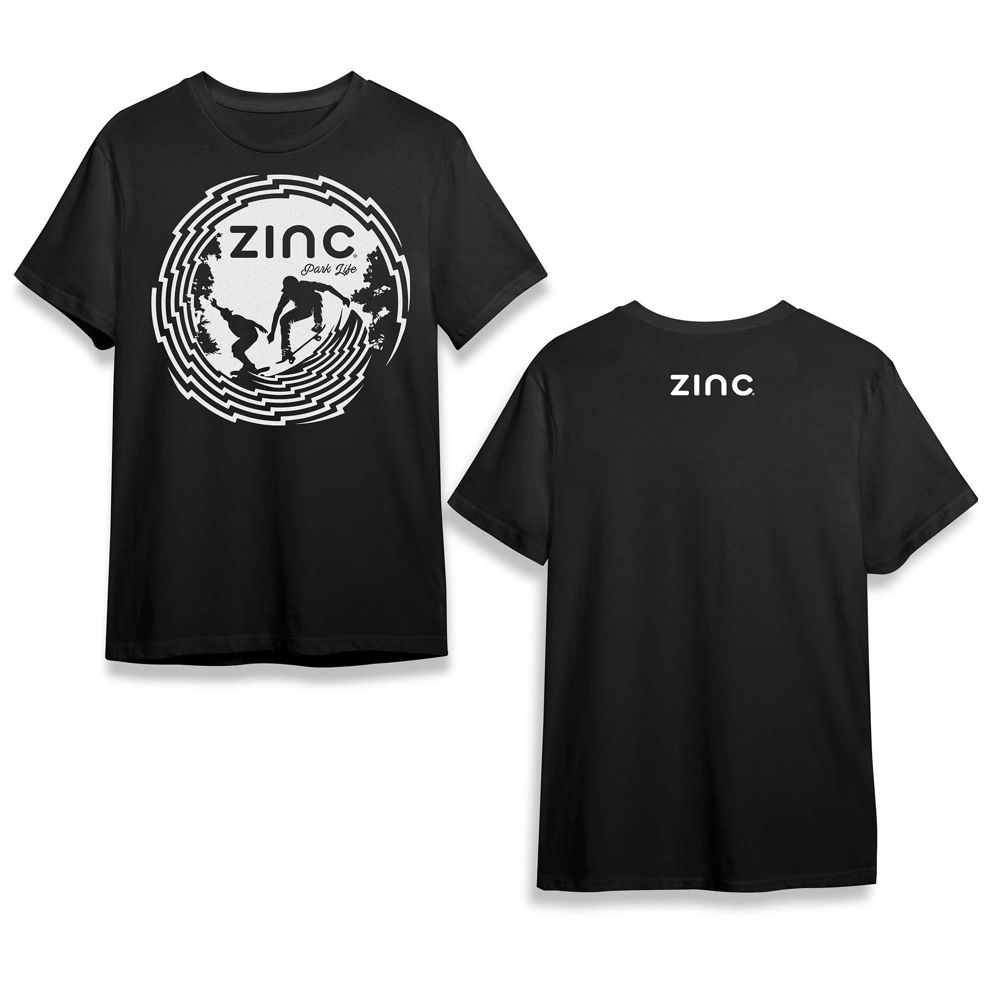 Zinc adults organic cotton t-shirts front and back view. Front view shows Zinc logo and skating illustration and back shows just Zinc logo.