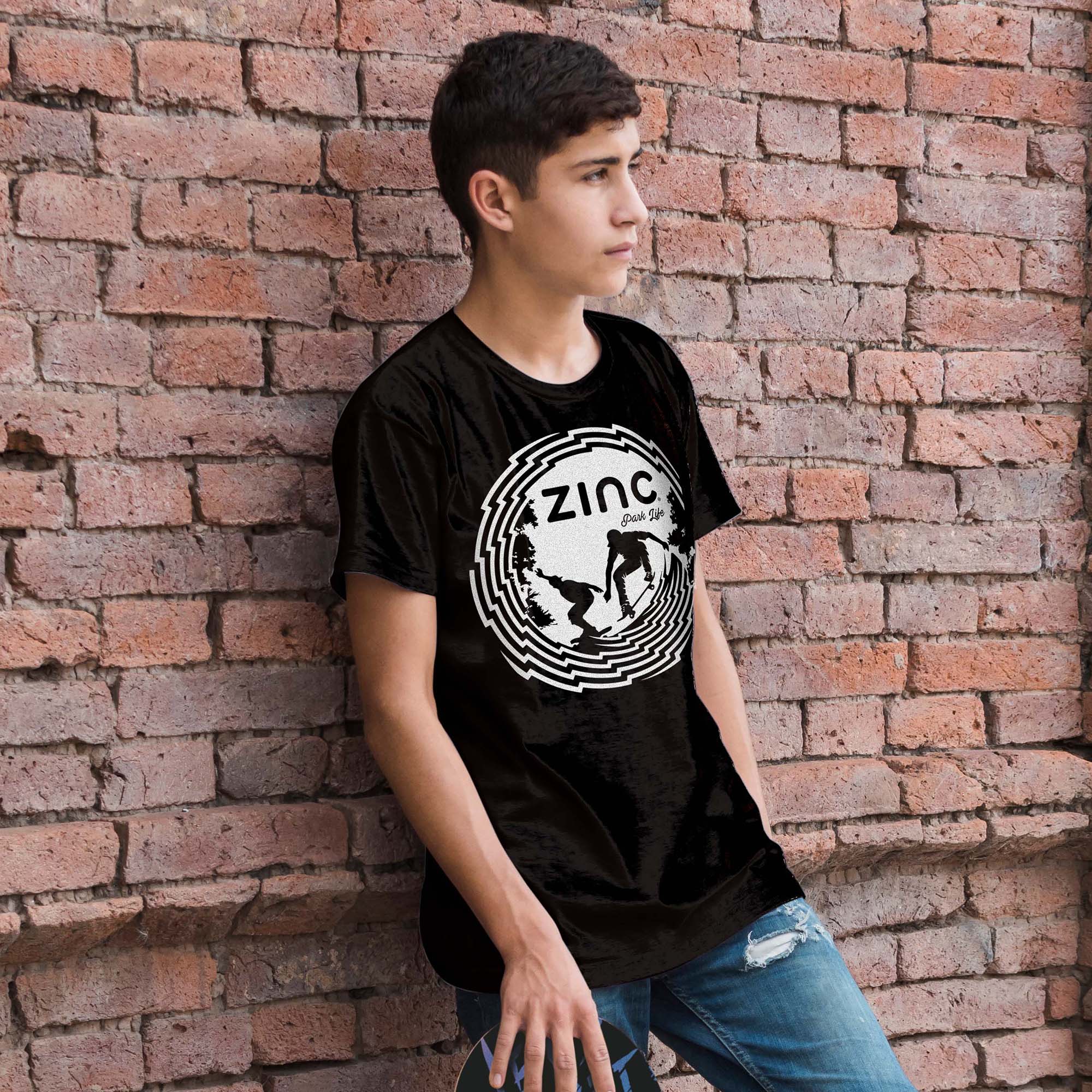 Park Life organic t-shirt front view showing skate park design - ZINC adults streetwear