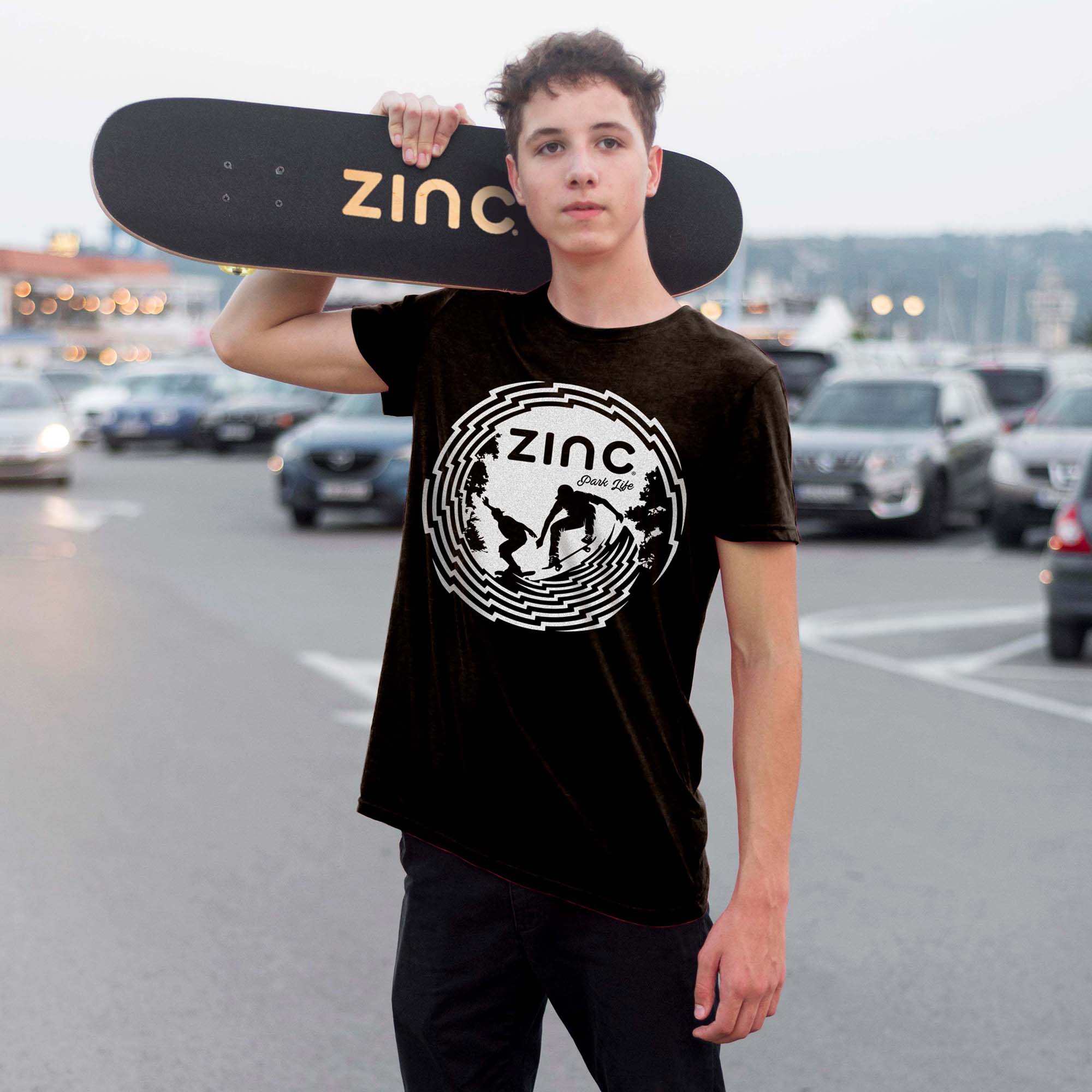 Park Life skateboard graphic on organic cotton t-shirt - being warn by teenager with skateboard