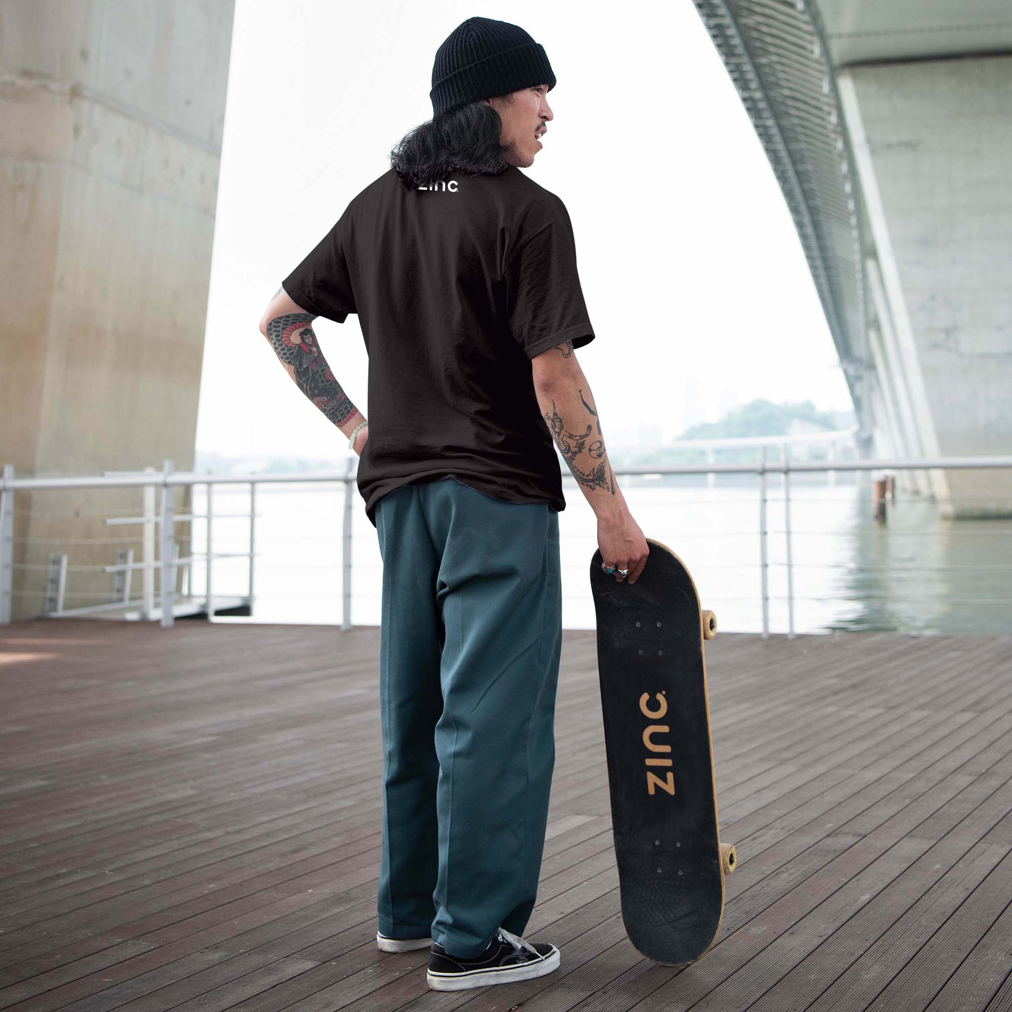 Adult wearing Zinc Park Life organic t-shirt - comfortable sustainable streetwear for skaters