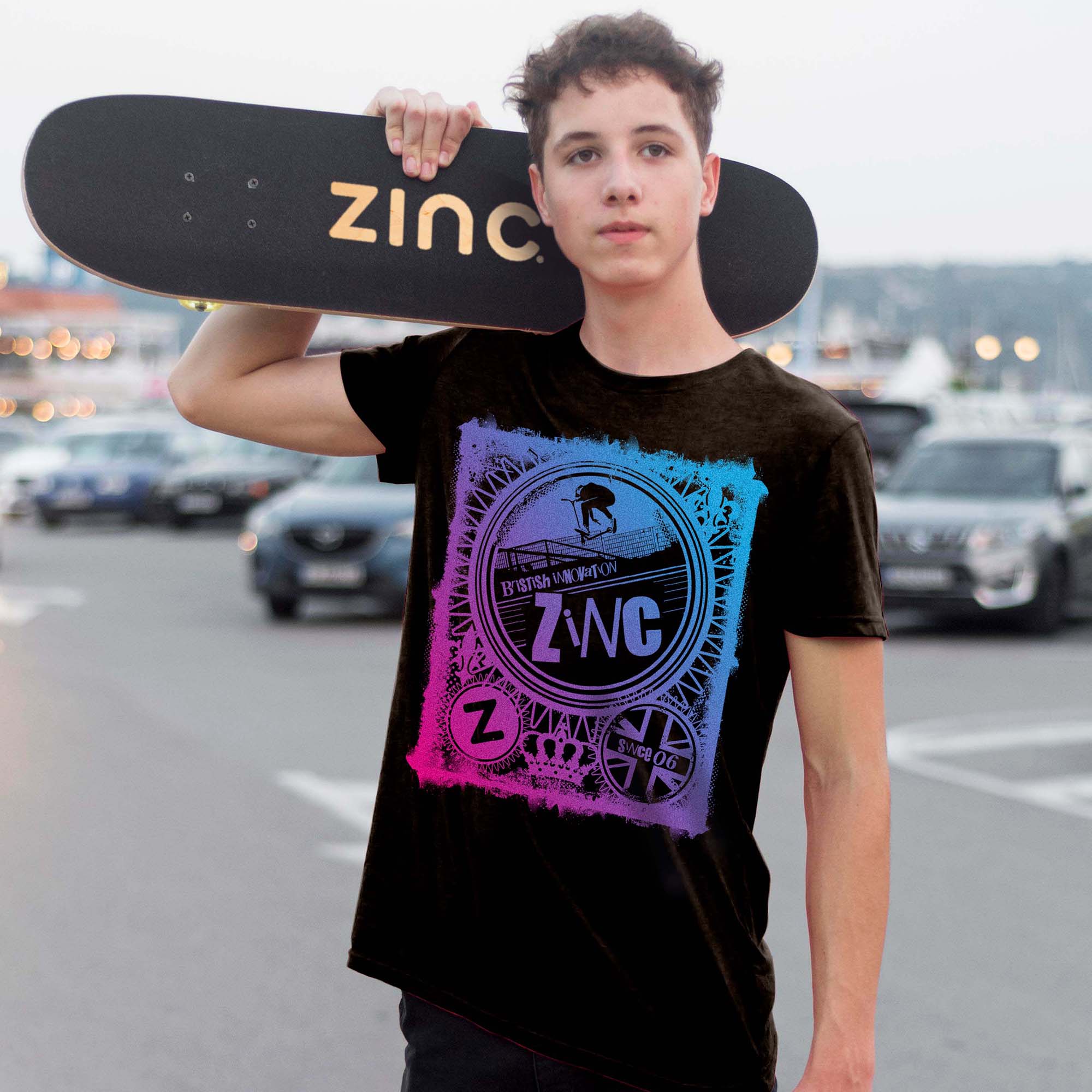 Punk Rock organic t-shirt front view showing skateboard design - ZINC adults streetwear