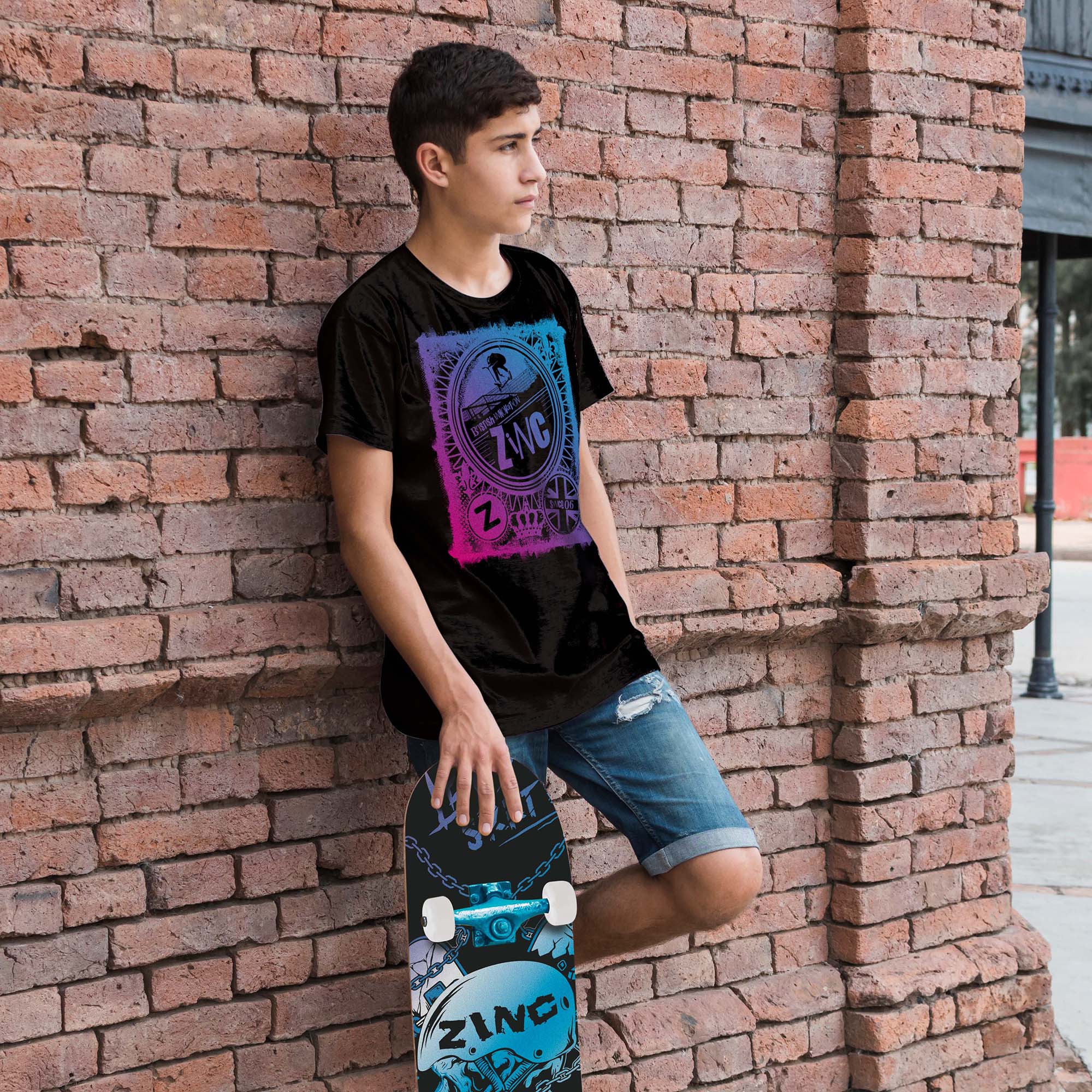 Adult wearing Zinc Punk Rock organic t-shirt - comfortable sustainable streetwear for skaters