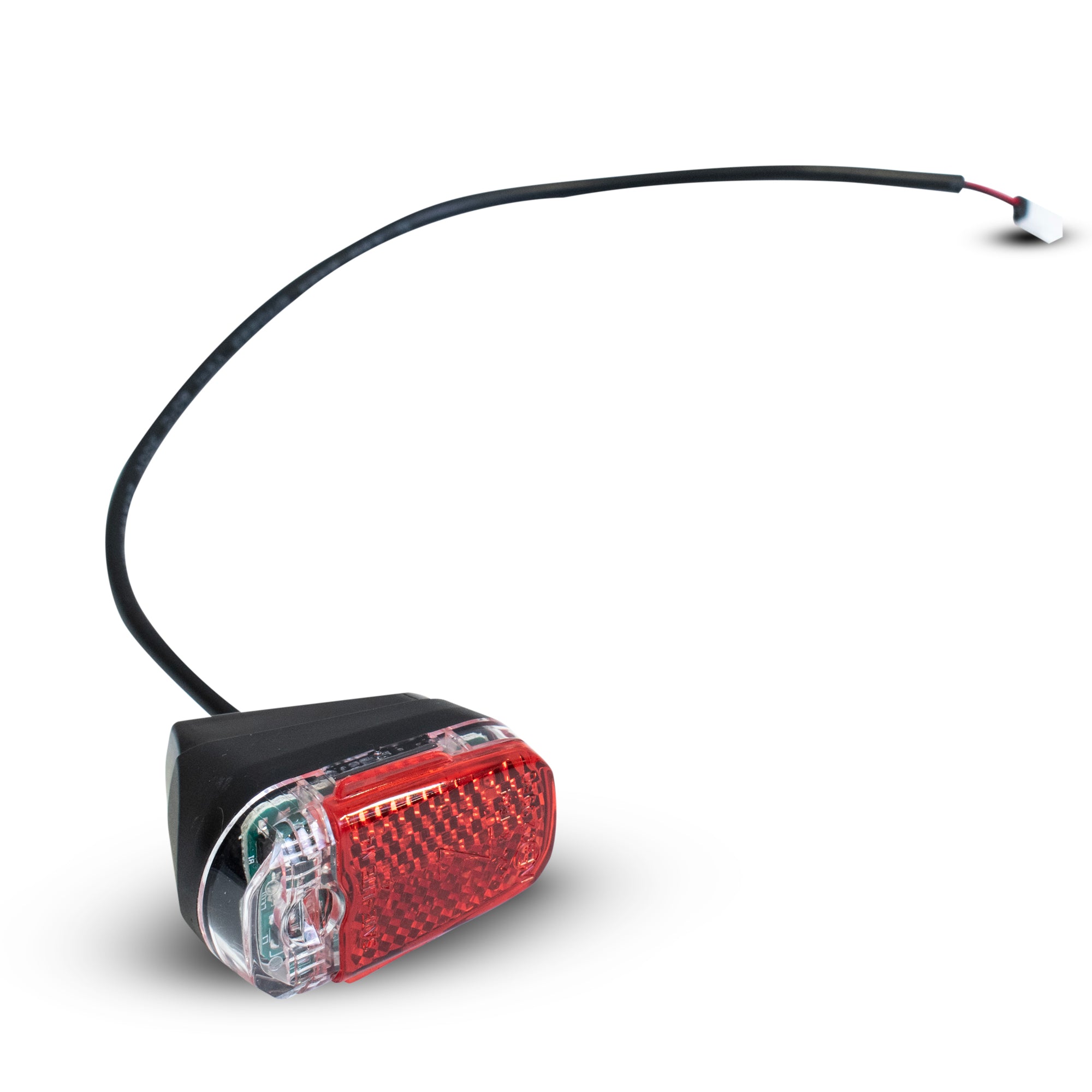 Red rear tail light for electric scooters with a black mounting bracket and a wire attached