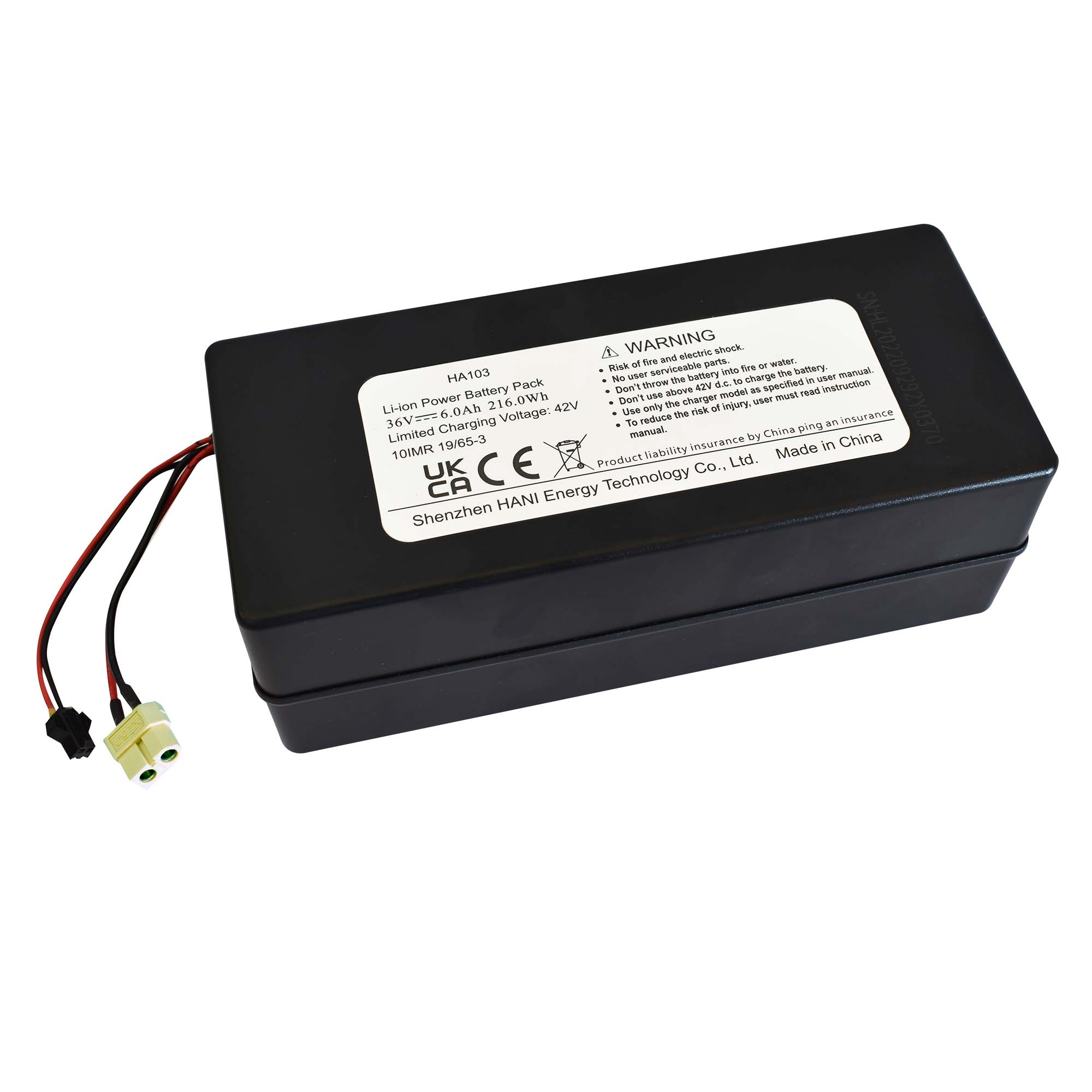 A black lithium battery pack with a label on it, featuring two wires with connectors.