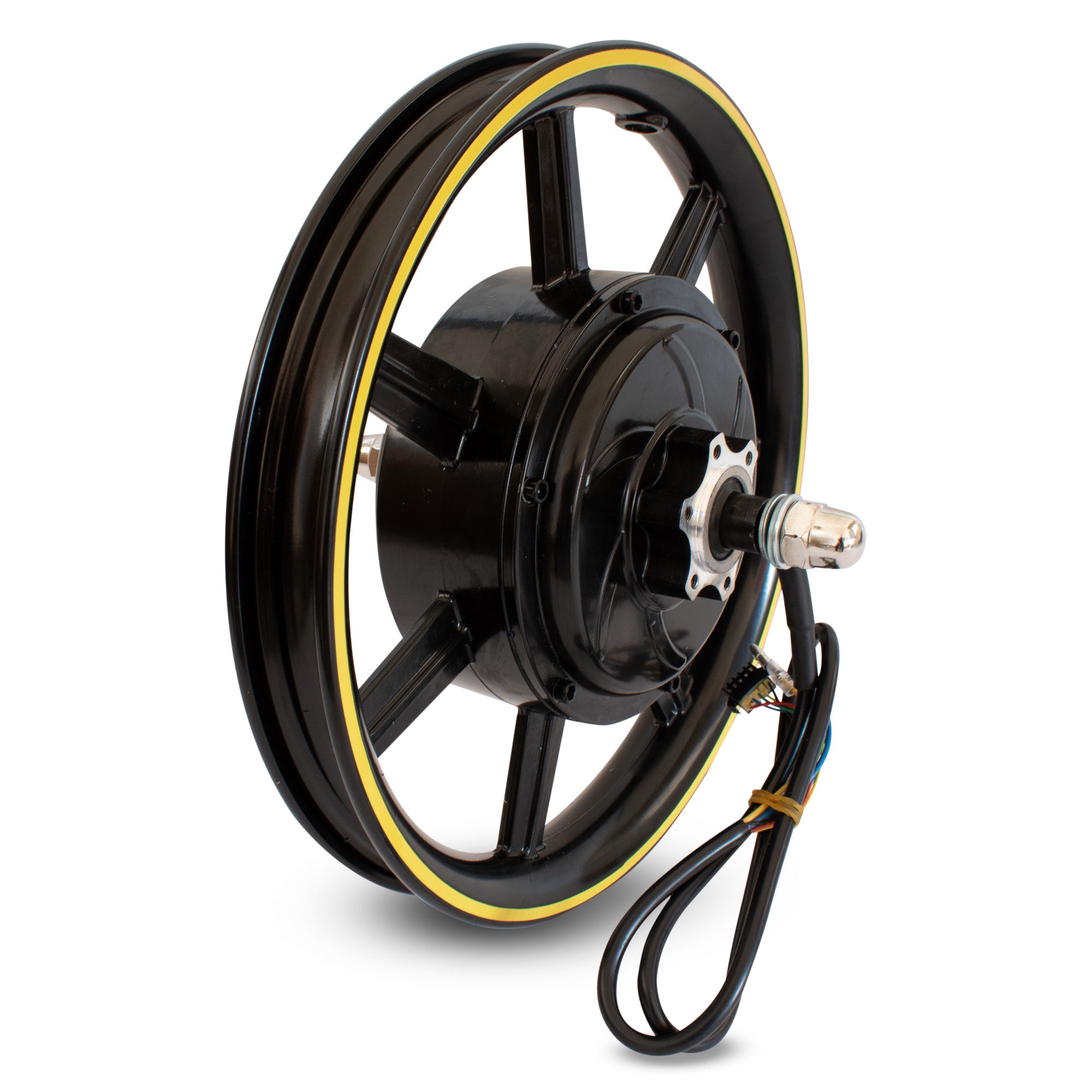 Replacement rear motor wheel for electric scooter, with black rim, yellow detailing, and a visible motor at the hub. Tyre not included.