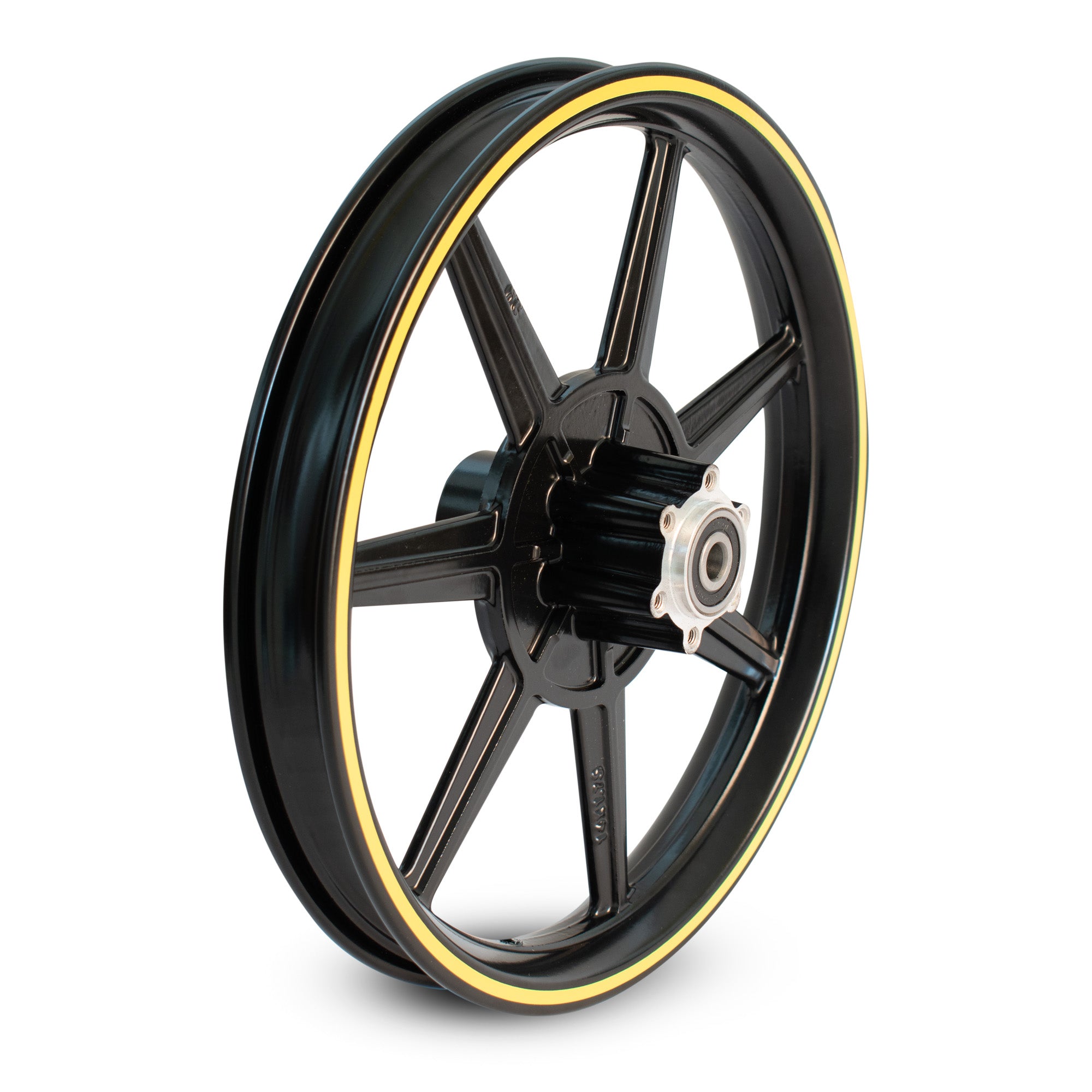 Black front wheel for an electric scooter with a visible hub and a yellow accent along the rim.