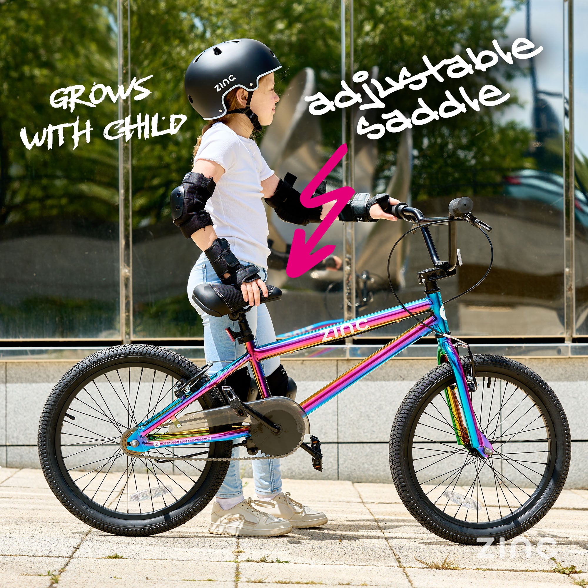 Zinc Neochrome Kids BMX Bike Specifications - Single Speed Drivetrain and Adjustable Saddle