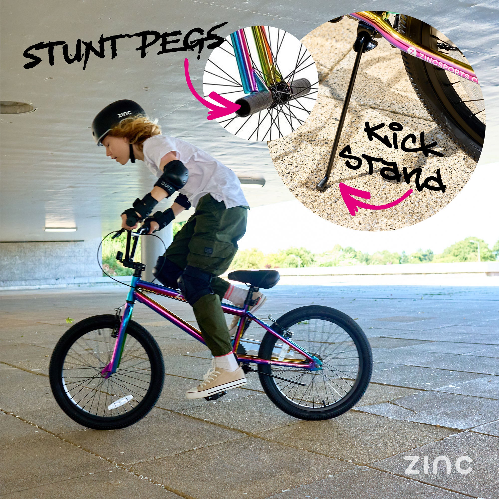 Zinc Neochrome 20inch BMX Bike Kickstand and Front Stunt Pegs - Freestyle BMX Features for Tricks and Stunts