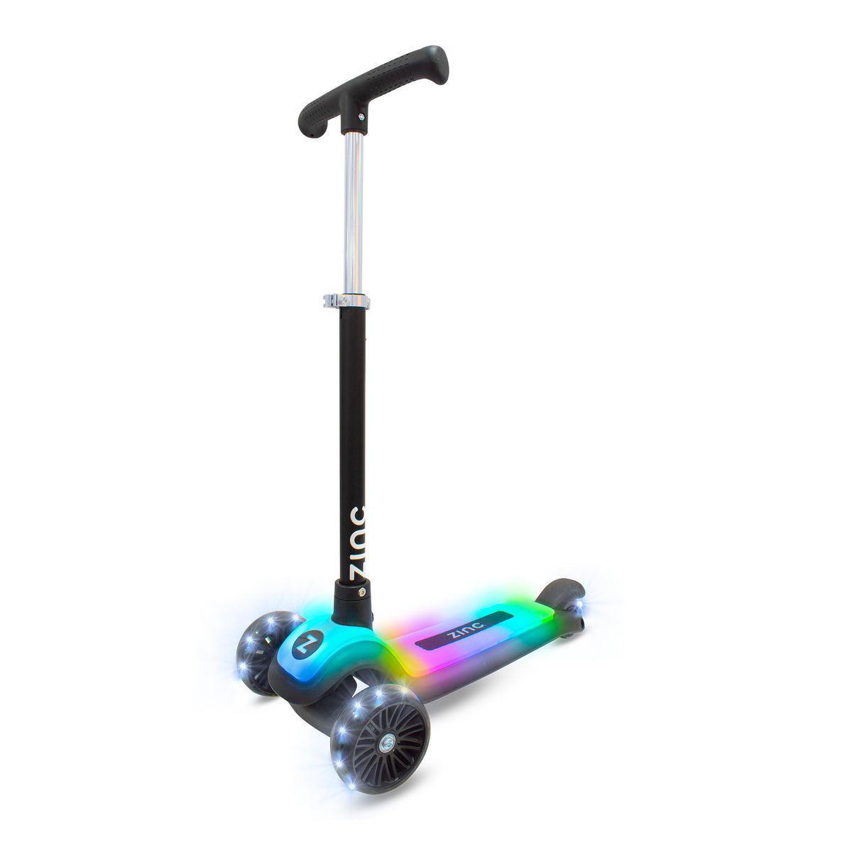 A ZINC brand three-wheel kick scooter with a black handlebar, black frame, and gray wheels, featuring a vibrant multicolor LED light trail on the deck and a blue light on the front wheel cover, set against a plain white background.