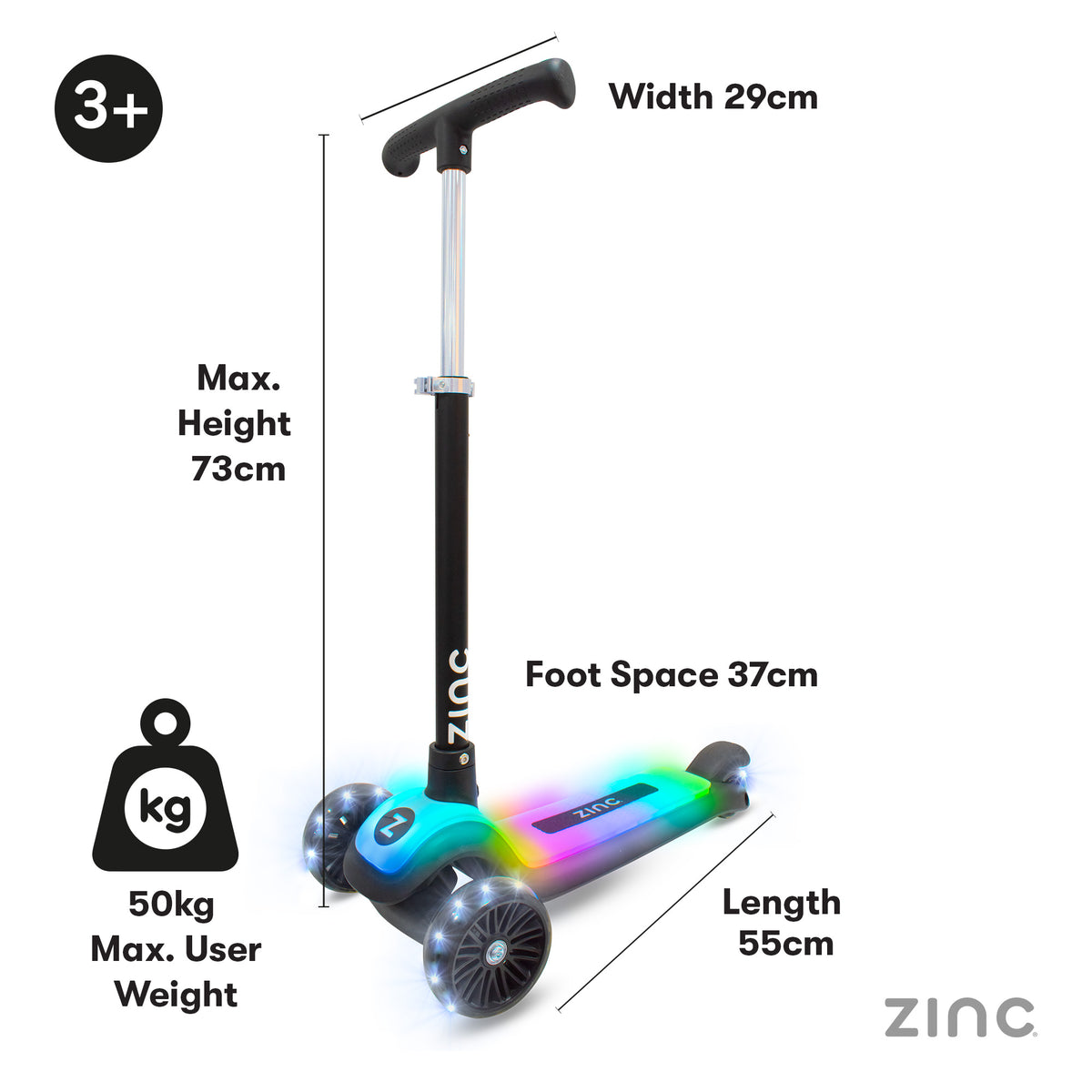 A children's kick scooter with a black frame and colourful rainbow LED lighting on the deck and wheels, shown with measurement labels and product specs on a white background. The image includes text indicating width, max height, foot space, length, weight, and user weight, plus the brand name ZINC.