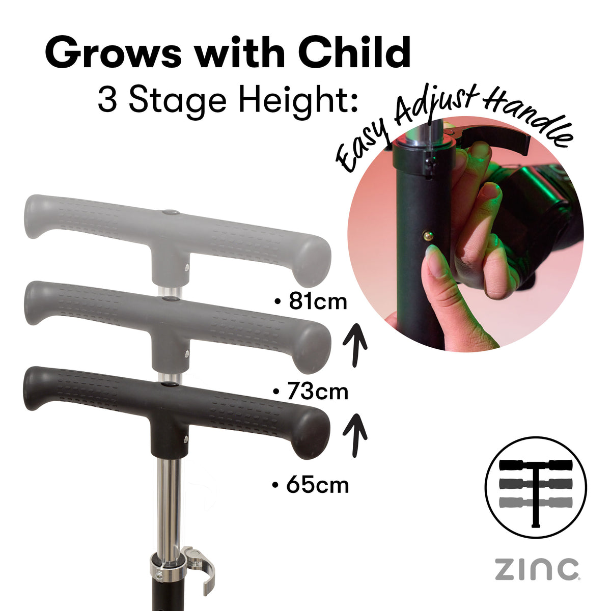 Adjustable T-bar handlebar for kids shown in three heights: 81cm, 73cm, and 65cm. The image features a hand demonstrating the easy adjustment of the handle, with text reading 'Grows with Child' and 'Easy Adjust Handle'.