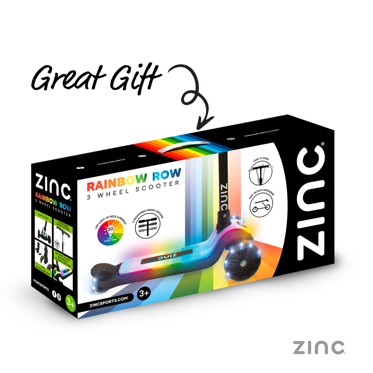 Zinc Rainbow Row 3 Wheel Scooter retail packaging box on a white background, with a hand-drawn 'Great Gift' text and arrow overlay above the box.