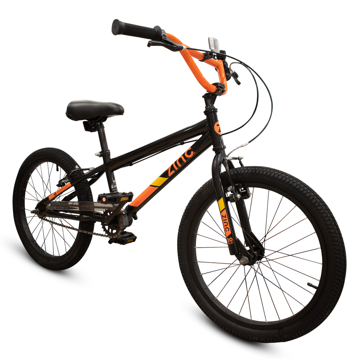 A kids' BMX bicycle with a black frame and bright orange handlebars, seat post, and chainstay accents, featuring the brand name 'ZINC' on the frame and fork.