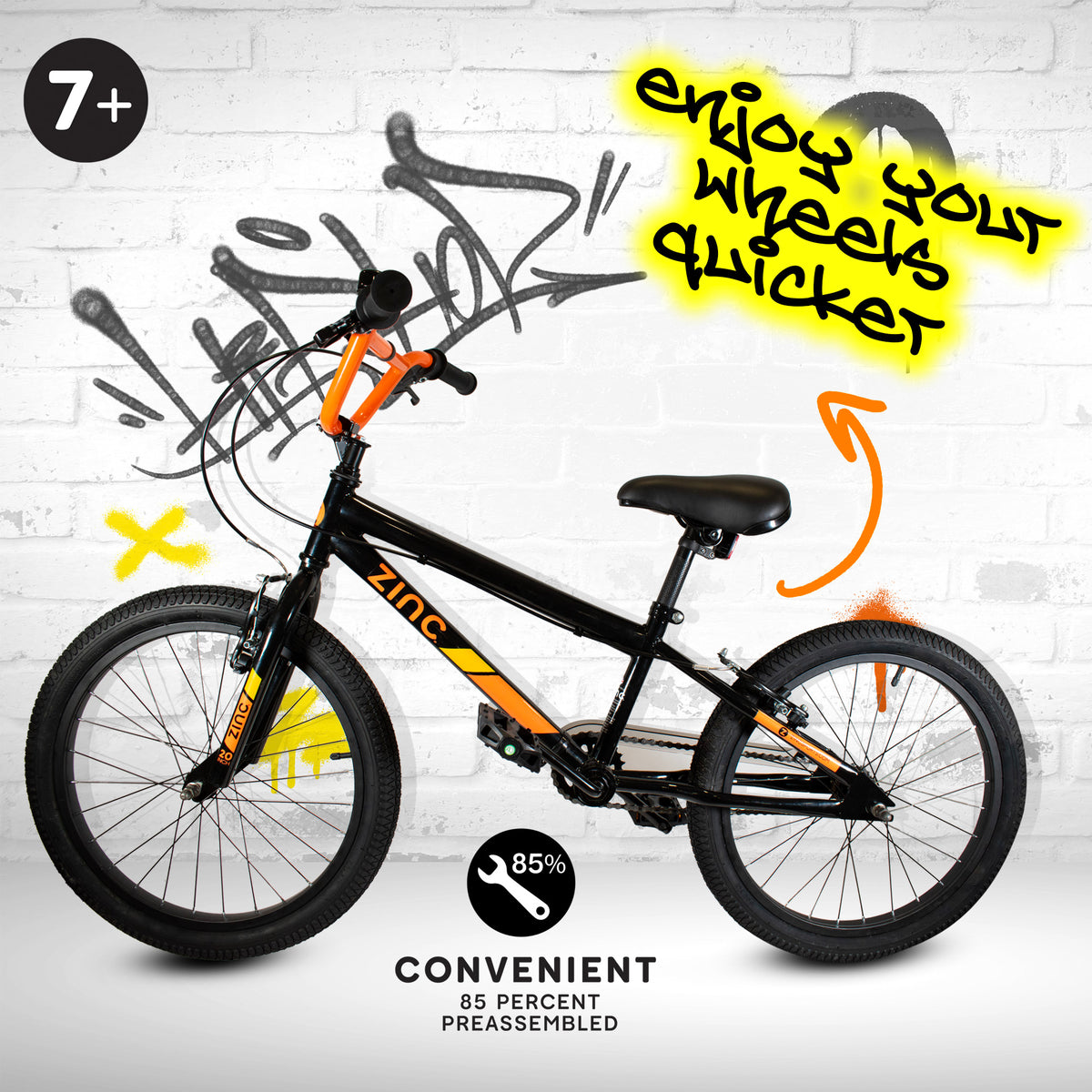A black and orange kids' bicycle with a black saddle and black tires, shown against a white brick wall background with promotional text overlays including 'enjoy your wheels quicker', '7+', and 'CONVENIENT 85% PREASSEMBLED'.