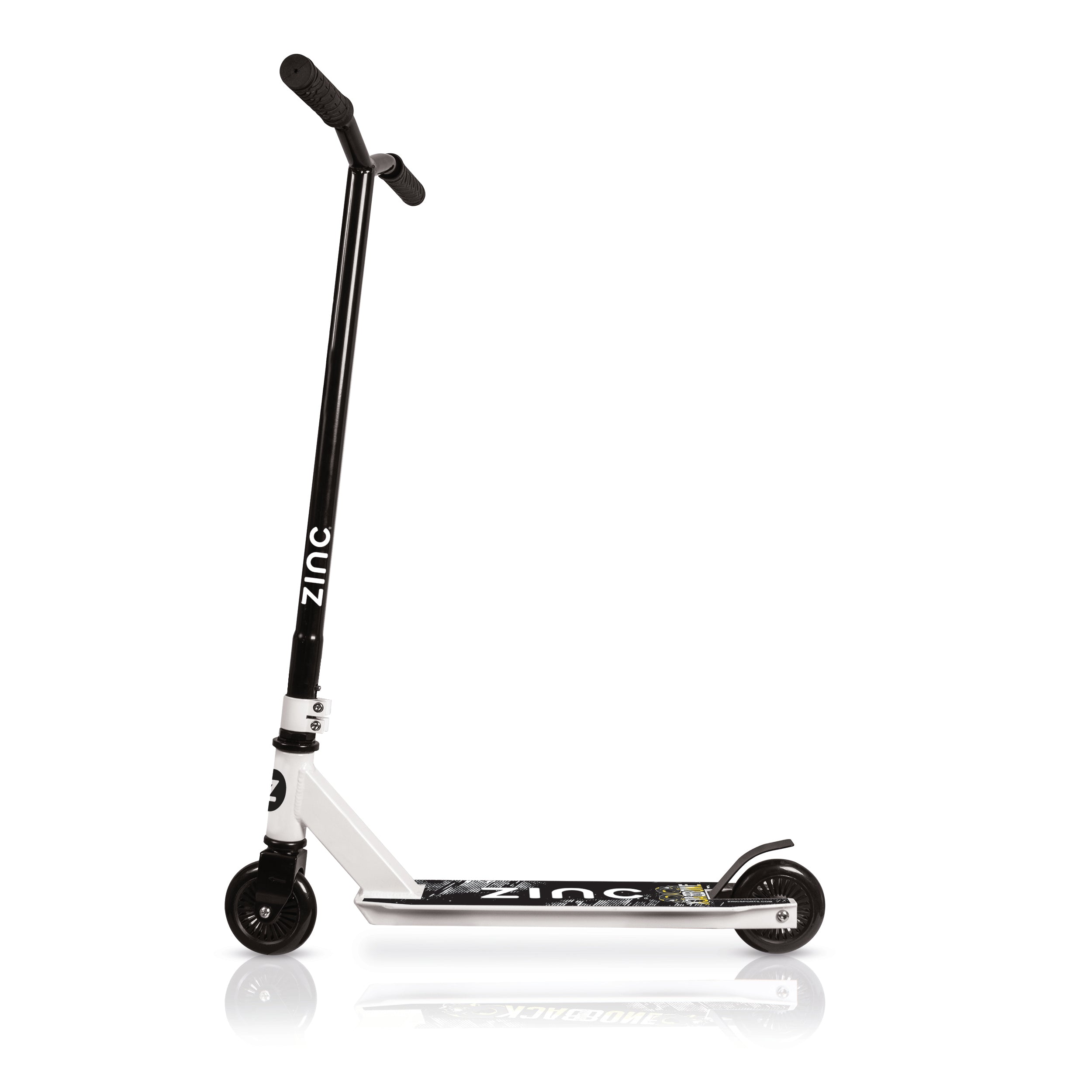 Zinc Backbone stunt scooter handlebar and clamp detail showing pro-style seagull bars and double clamp system