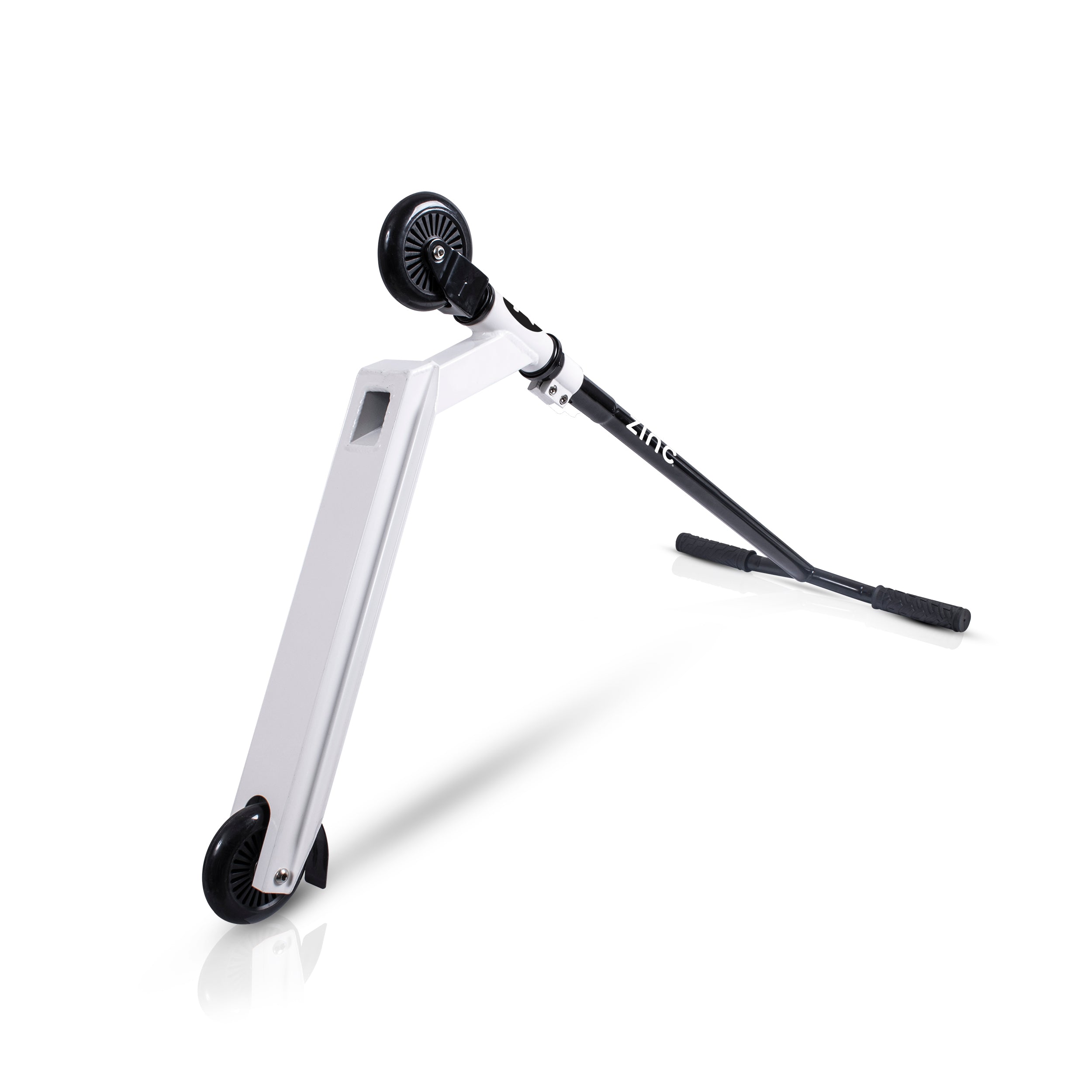 Zinc Backbone stunt scooter deck close-up showing anti-slip footplate and precision ABEC 7 bearing wheels