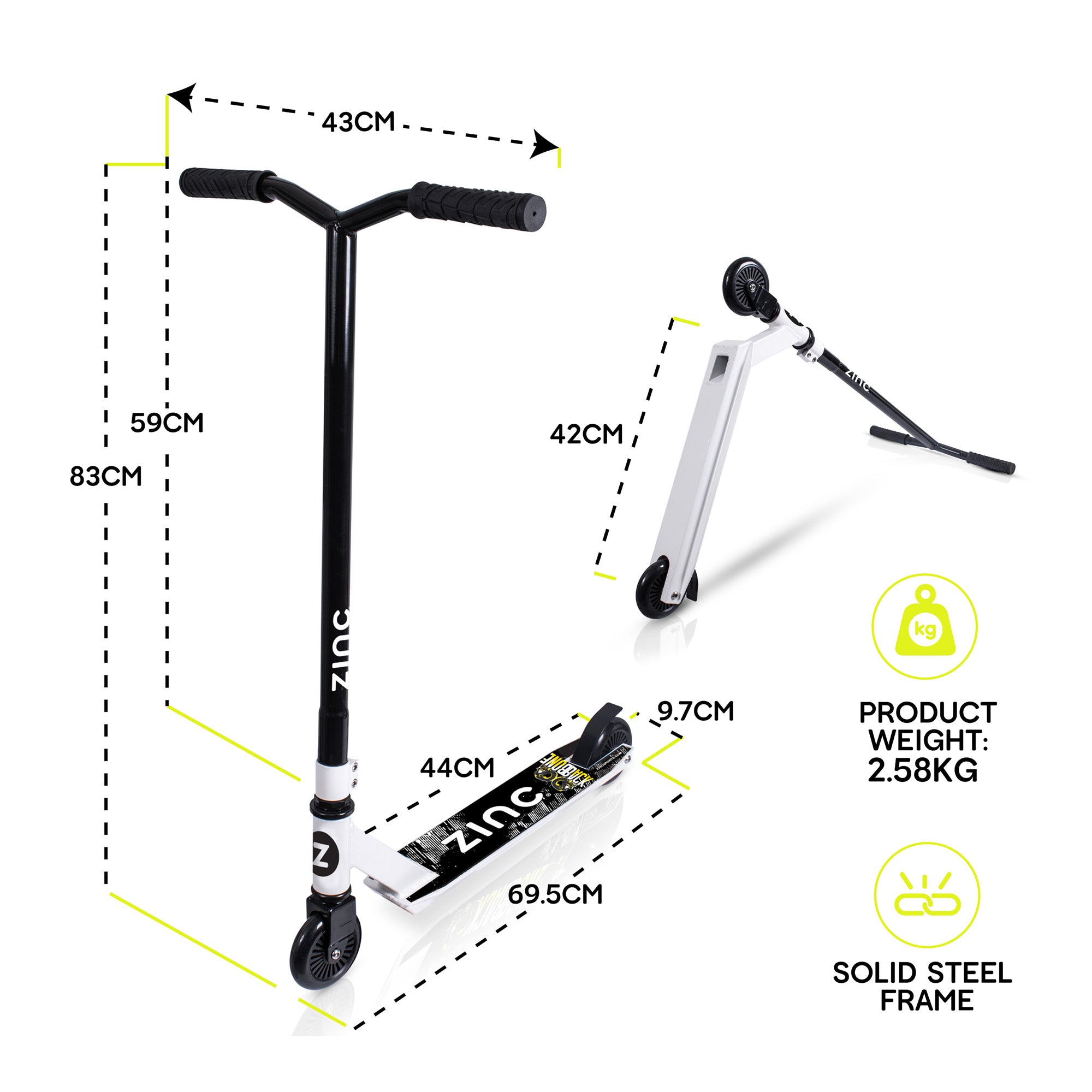 Zinc Backbone stunt scooter complete view highlighting lightweight 2.57kg design and durable construction